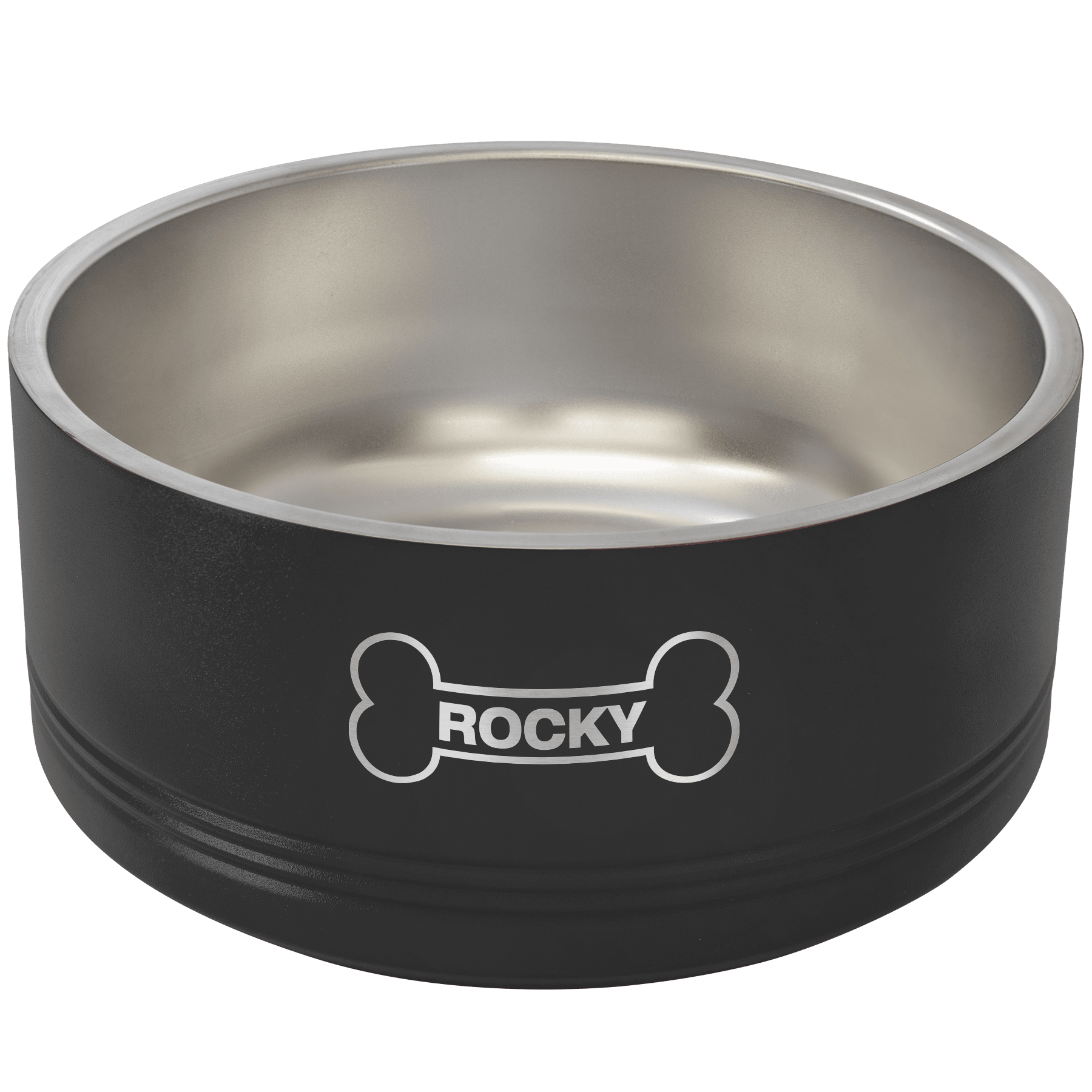 Black Polar Camel pet bowl with "ROCKY" engraved in a bone design, stainless steel interior.