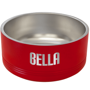 Red Polar Camel pet bowl with "BELLA" laser engraved, stainless steel interior, and non-slip base.