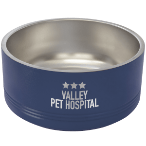 Navy blue Polar Camel pet bowl with stainless steel interior and "Valley Pet Hospital" laser engraving.