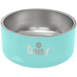 Aqua Polar Camel pet bowl with stainless steel interior, laser engraved with "Daisy" and a flower.
