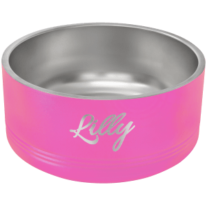 Pink Polar Camel pet bowl with "Lilly" laser engraved, stainless steel interior, and non-slip base.