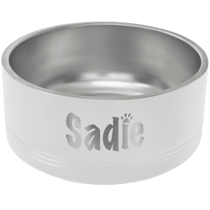 White Polar Camel pet bowl with a silver stainless steel interior and "Sadie" laser engraved on the side.