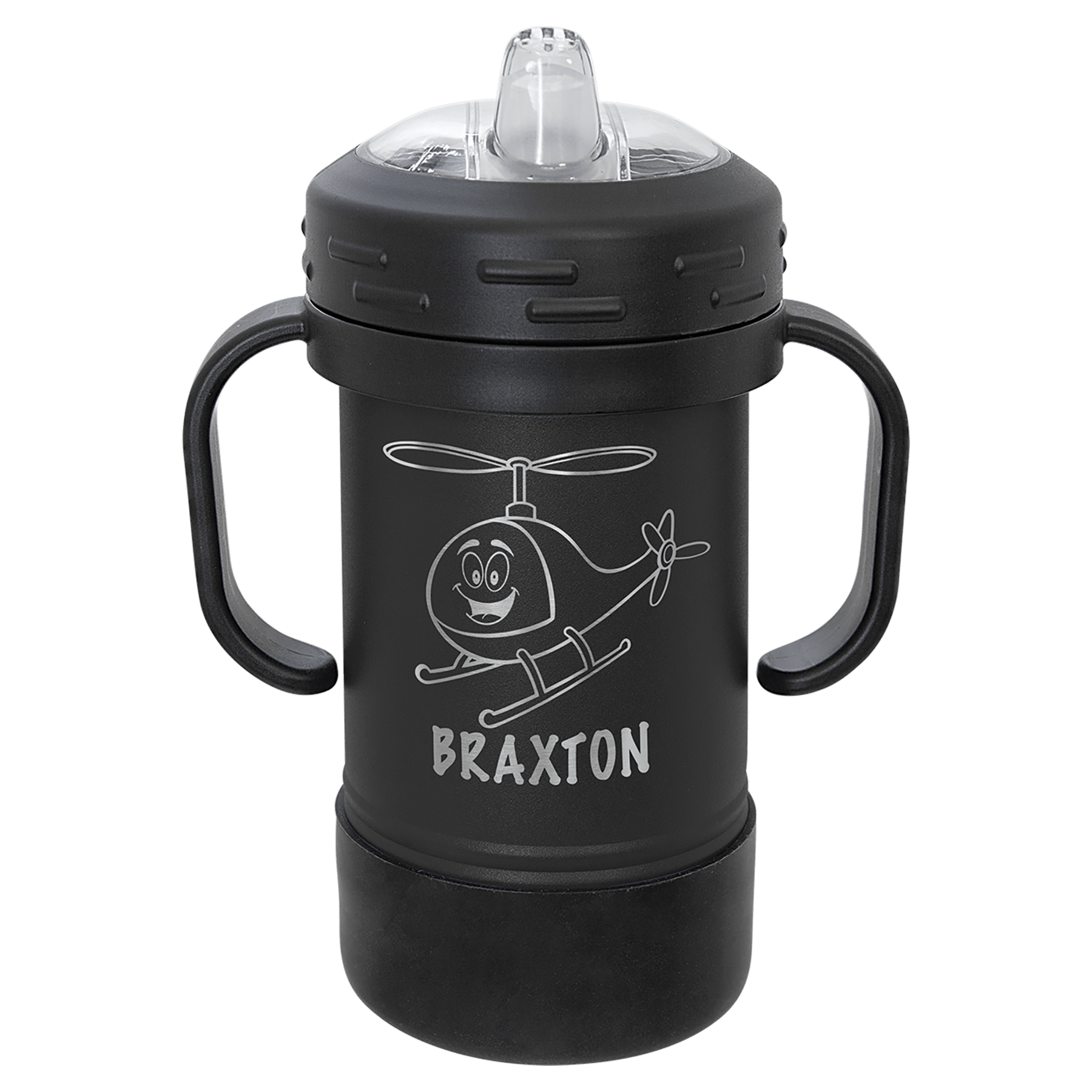 Black 10 oz. Polar Camel sippy cup with a helicopter design and "BRAXTON" engraved.