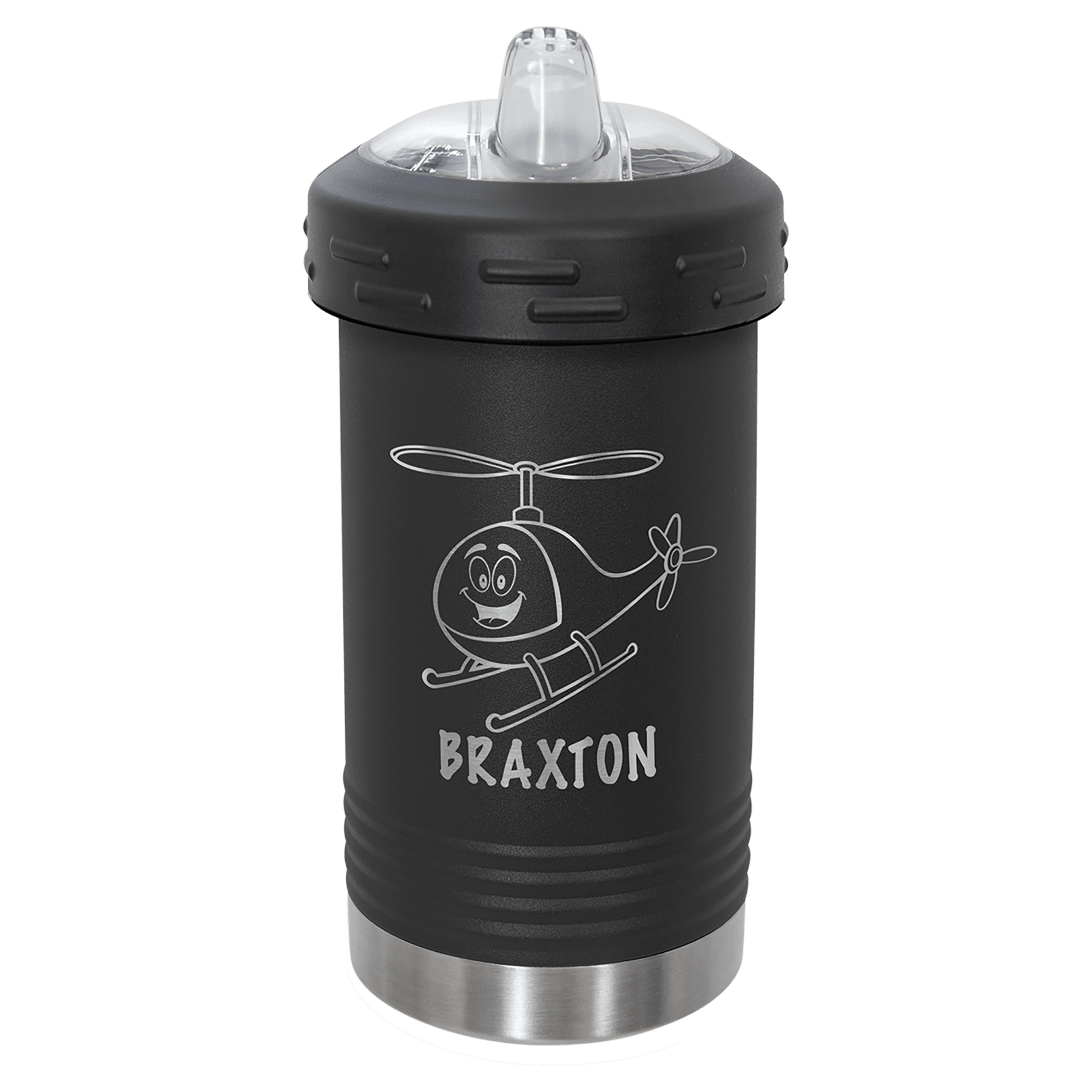 Black 10 oz. Polar Camel Sippy Cup with a helicopter design and "BRAXTON" engraved, stainless steel base.