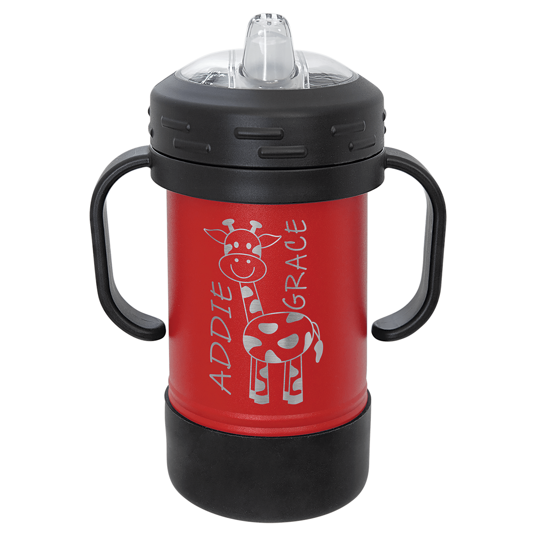 Red 10 oz. Polar Camel Sippy Cup with black handles, a clear spout, and a personalized giraffe design.