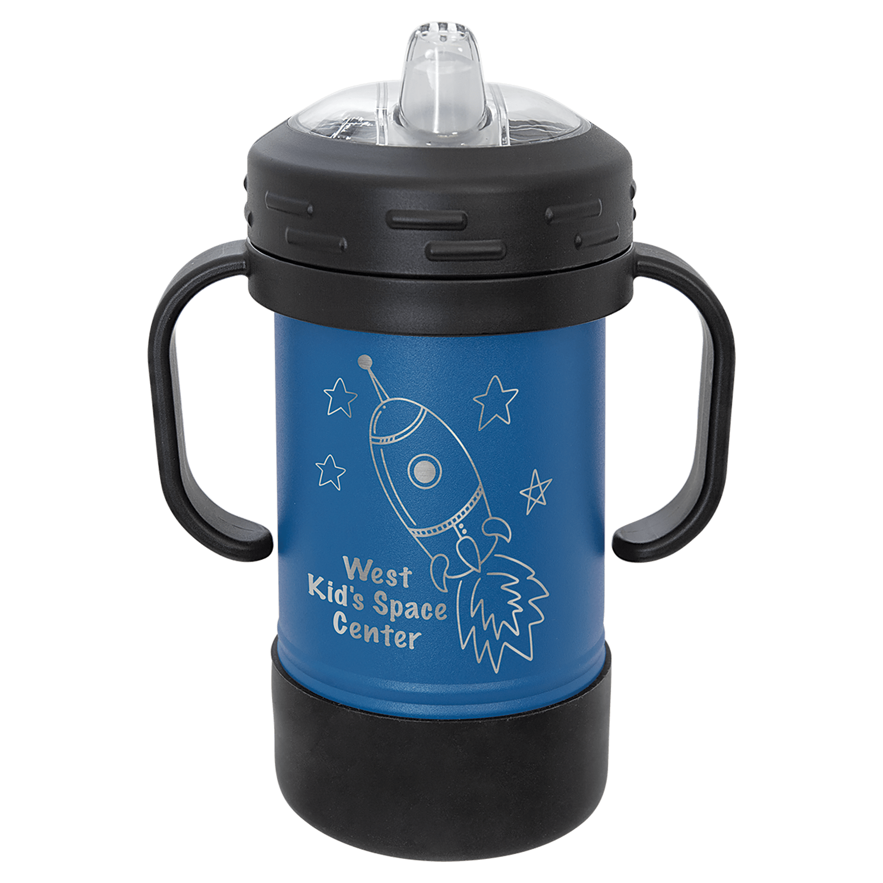 Blue 10 oz. Polar Camel Sippy Cup with black handles, a clear spout, and a white rocket ship design.