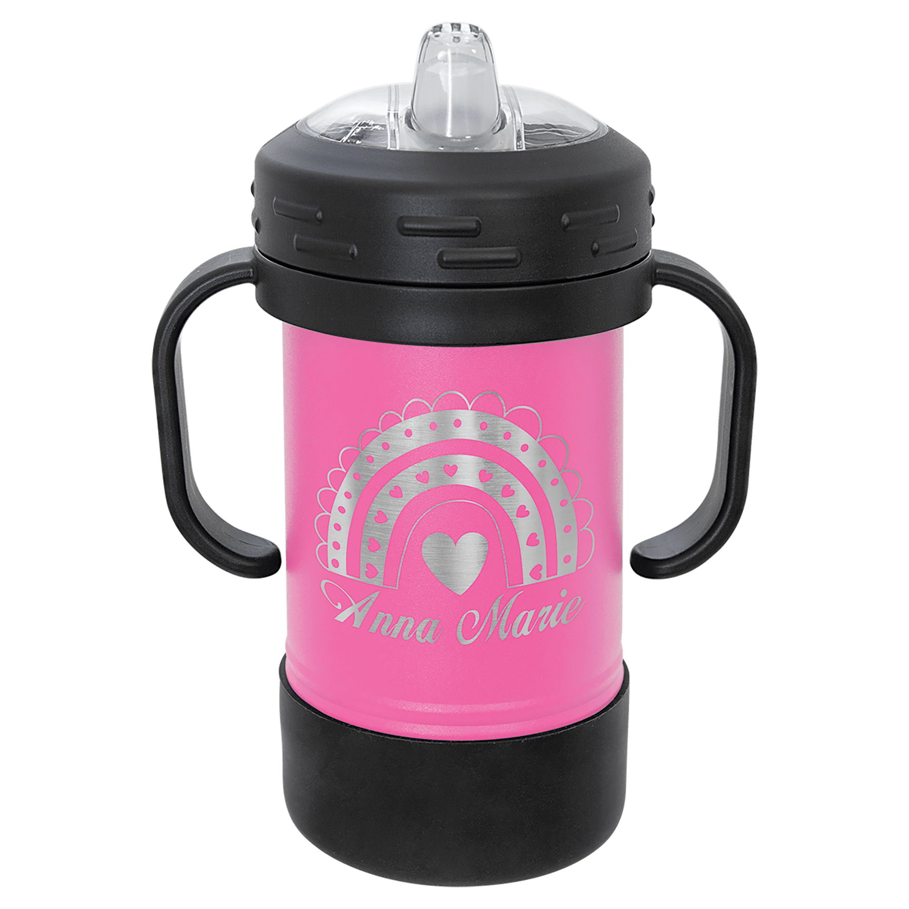 Pink 10 oz. Polar Camel Sippy Cup with black handles, a clear spout, and personalized silver rainbow design.