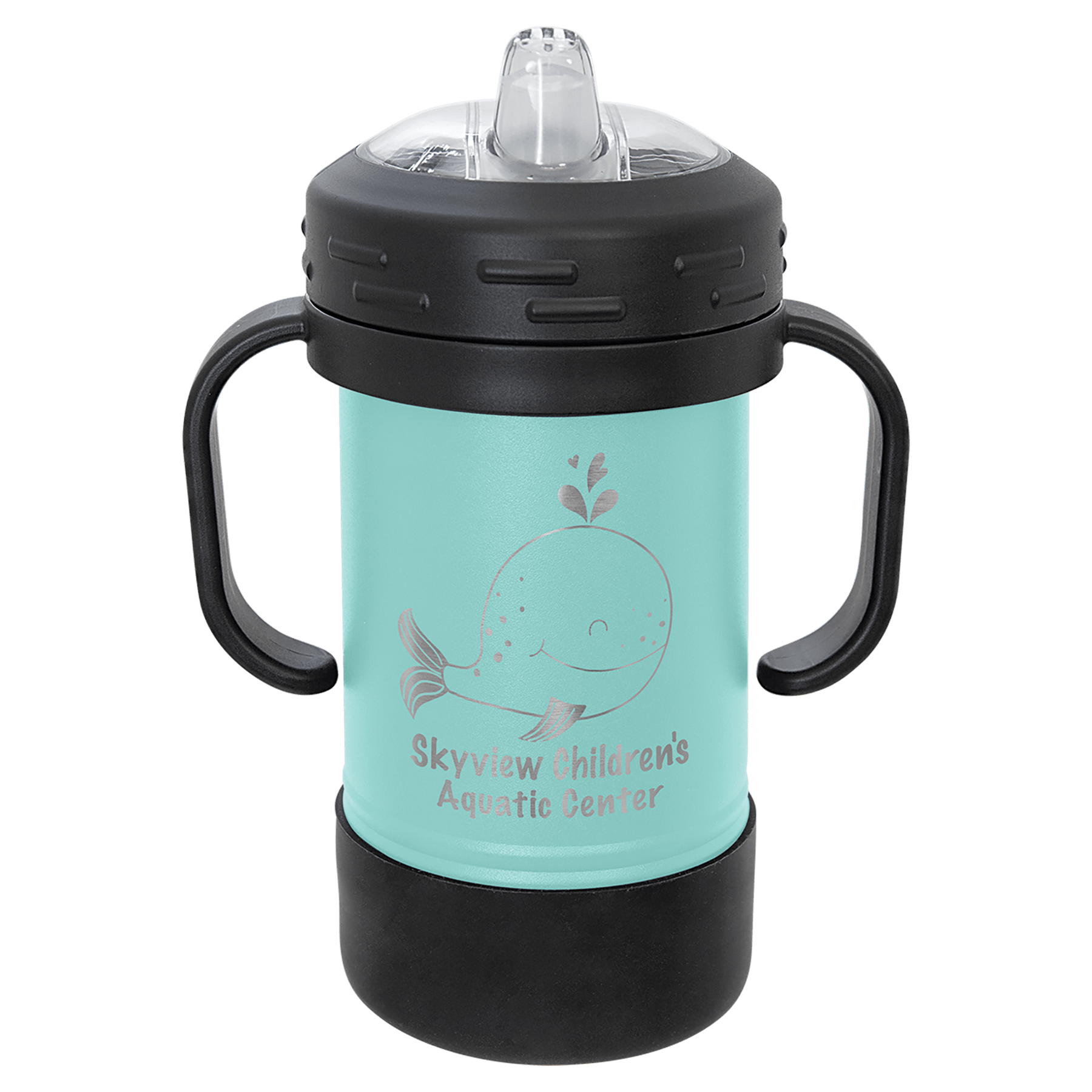 Aqua 10 oz. Polar Camel Sippy Cup with black handles, spout, and base, featuring a whale design and "Skyview Children's Aquatic Center" text.
