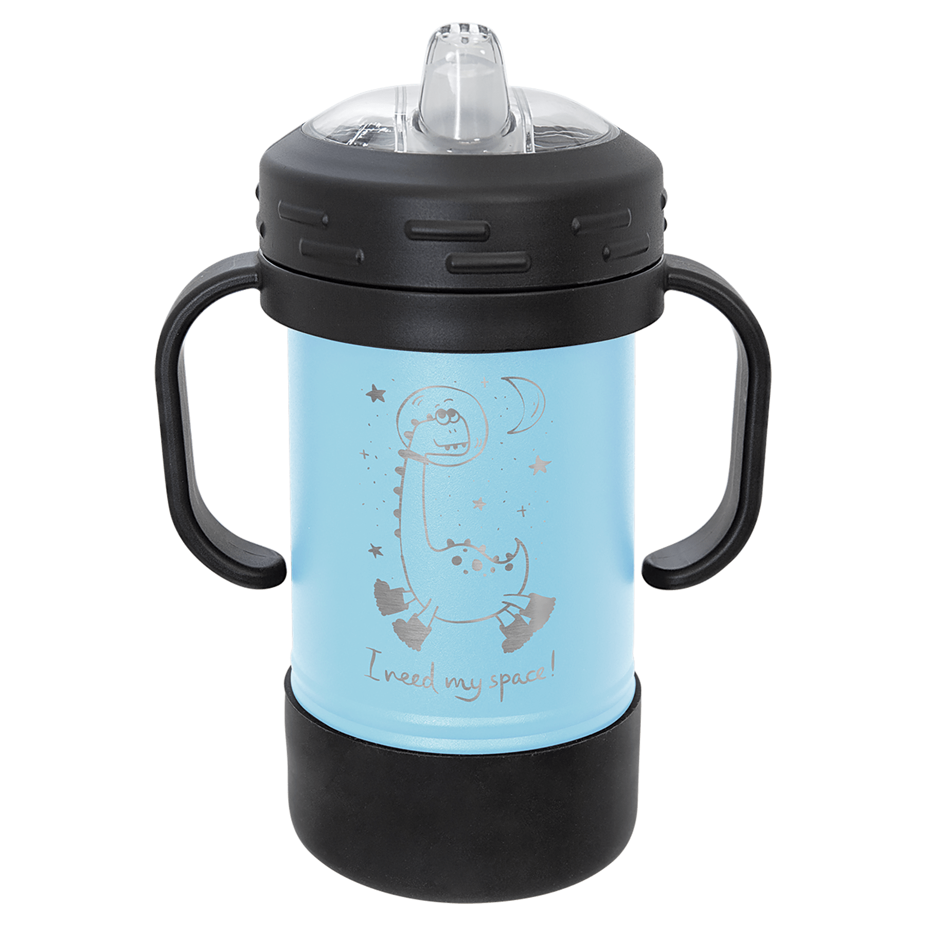 Light blue 10 oz. Polar Camel Sippy Cup with black lid/handles, astronaut dinosaur design, and "I need my space!" text.