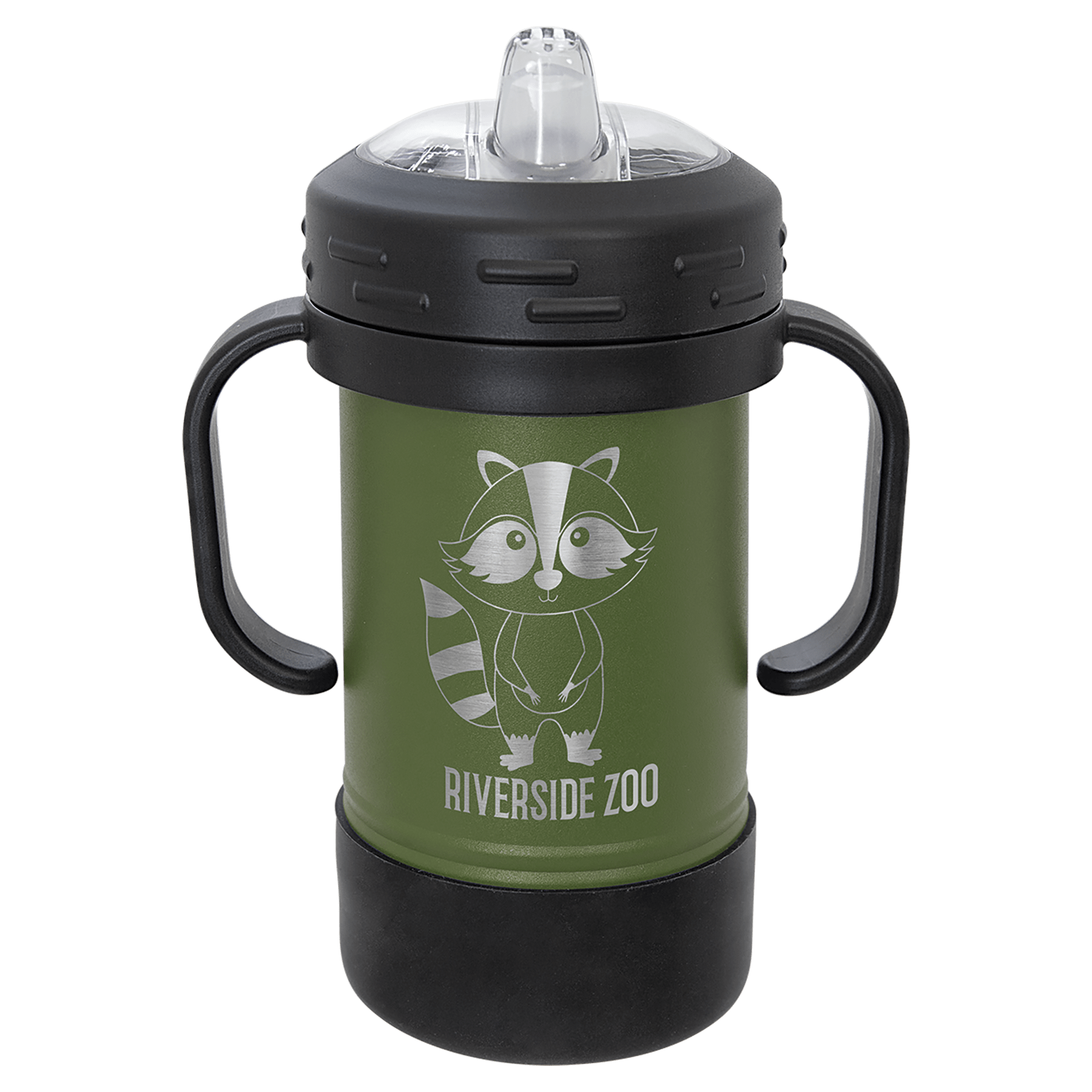 Green 10 oz. Polar Camel Sippy Cup with a raccoon design, "RIVERSIDE ZOO" text, black lid, and handles.