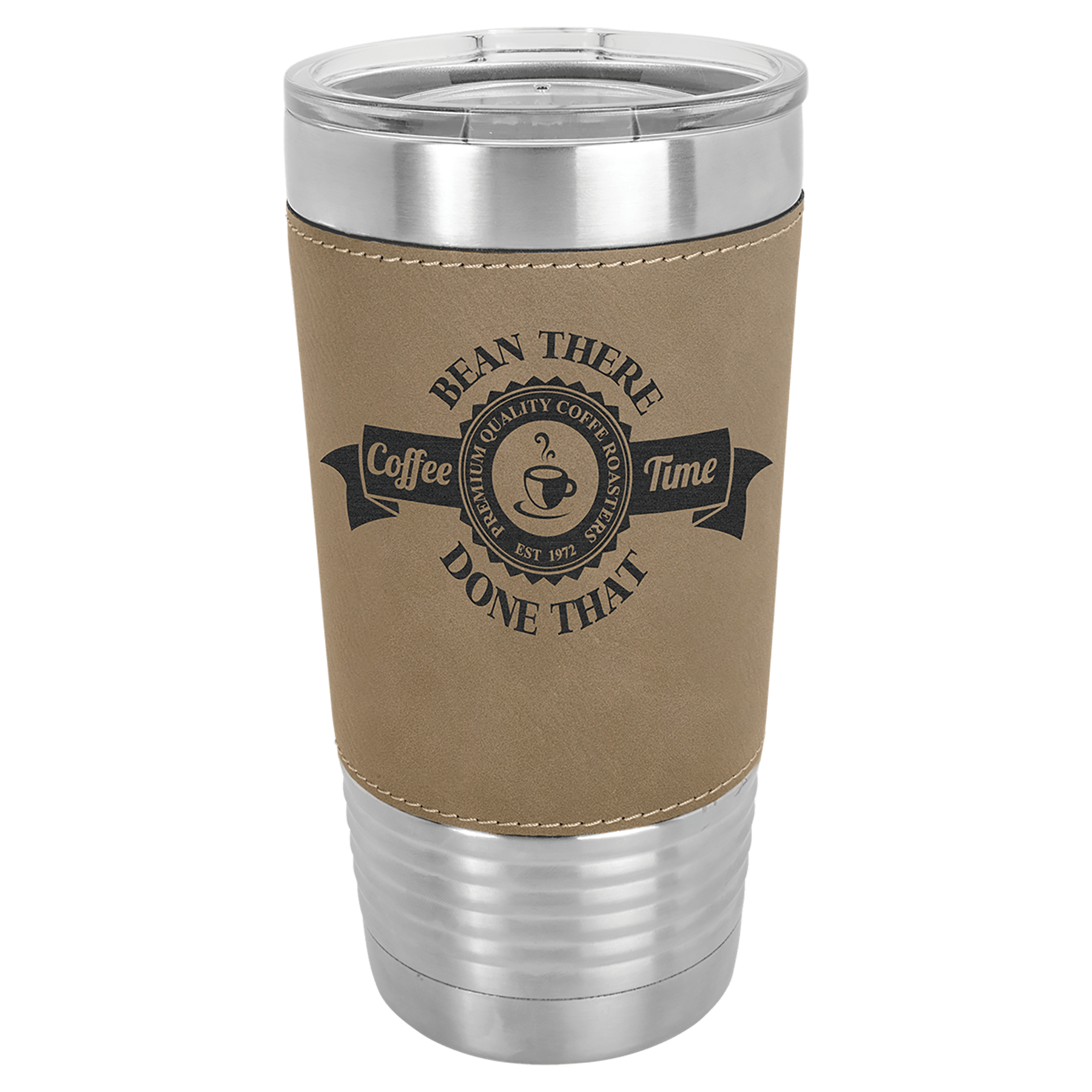 20 oz. light brown laserable leatherette tumbler with clear lid and coffee roasters logo.