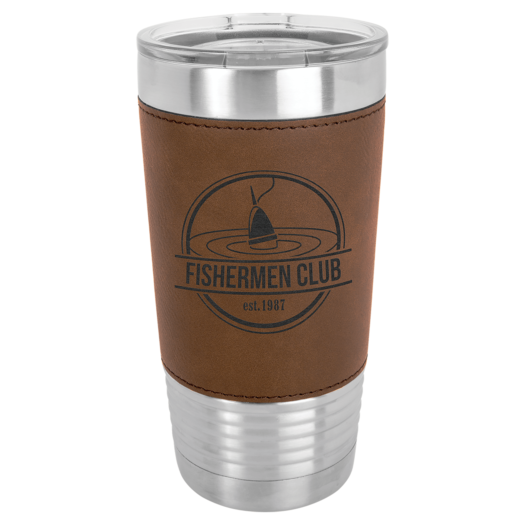 20 oz. light brown laserable leatherette tumbler with clear lid and "Fishermen Club" logo.
