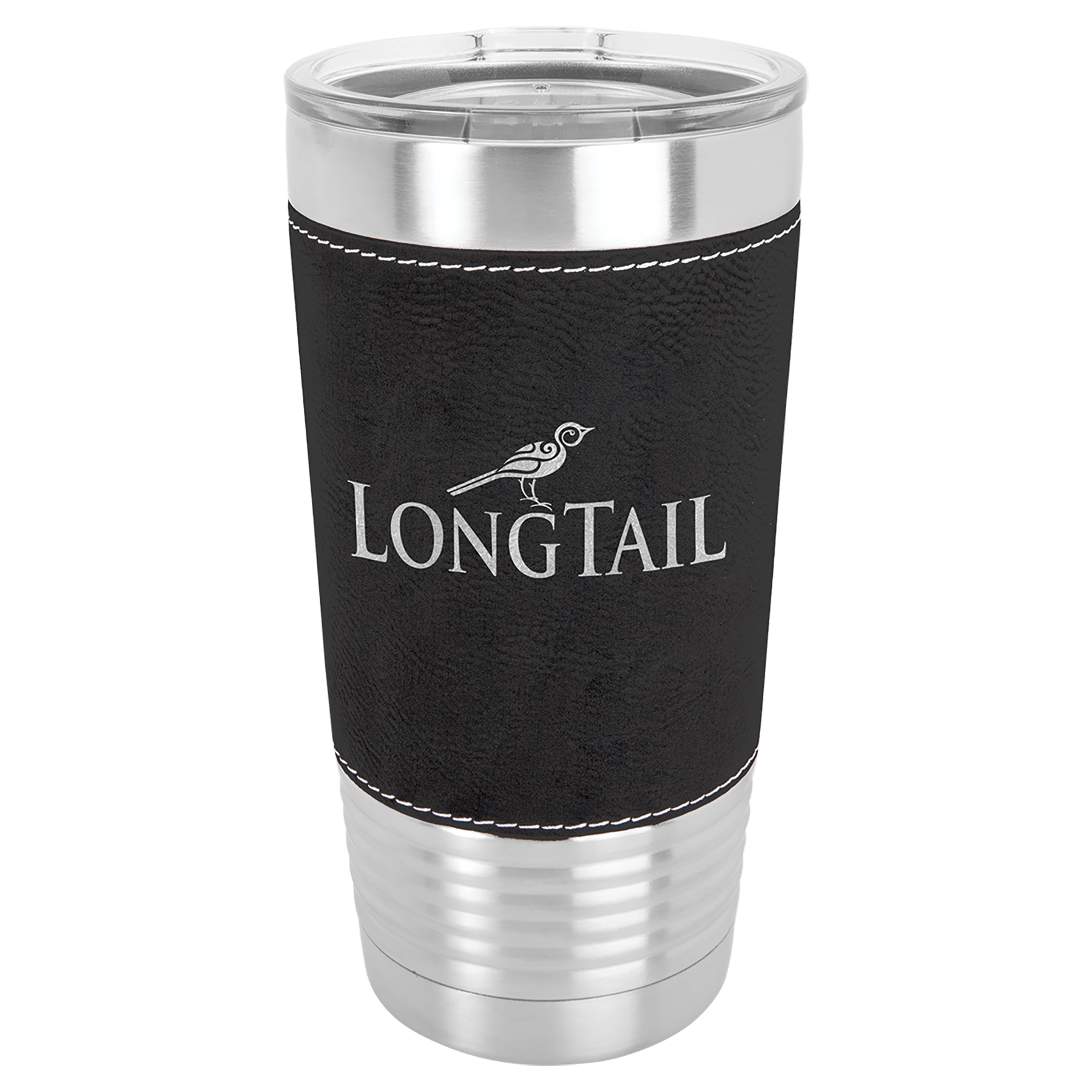 20 oz. stainless steel tumbler with black laserable leatherette grip, clear lid, and "LONGTAIL" bird logo.