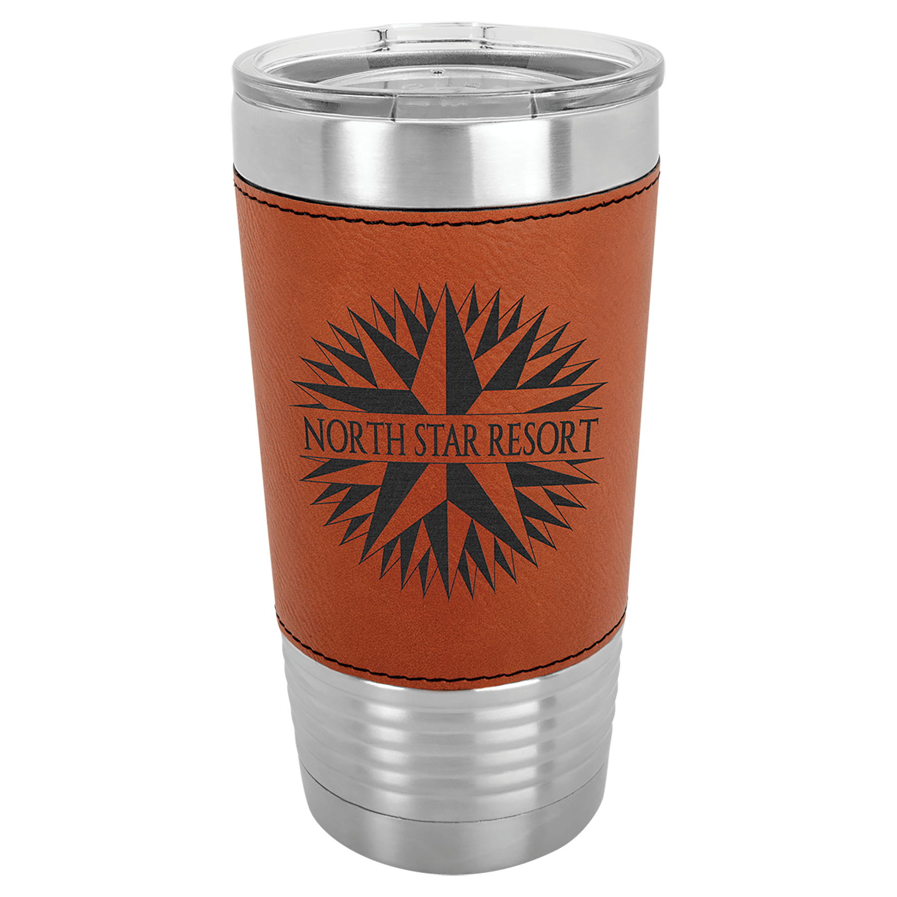 20 oz. light brown laserable leatherette tumbler with "North Star Resort" compass logo and clear lid.
