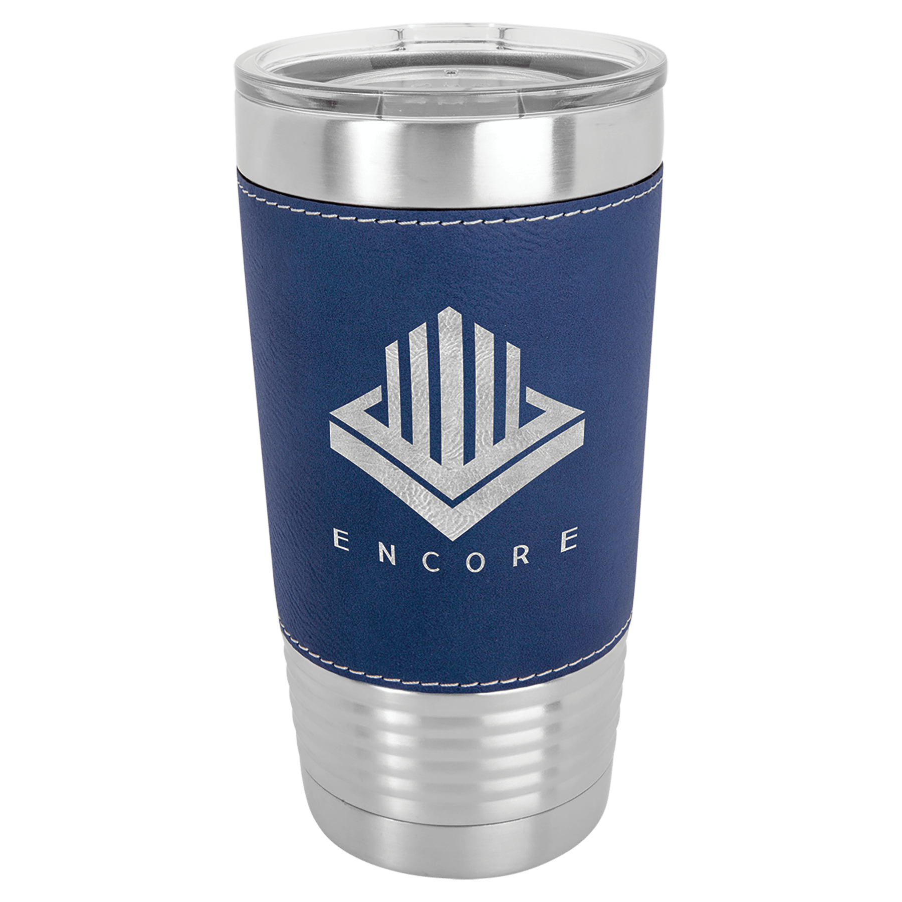 20 oz. navy blue laserable leatherette tumbler with silver Encore logo and clear lid.