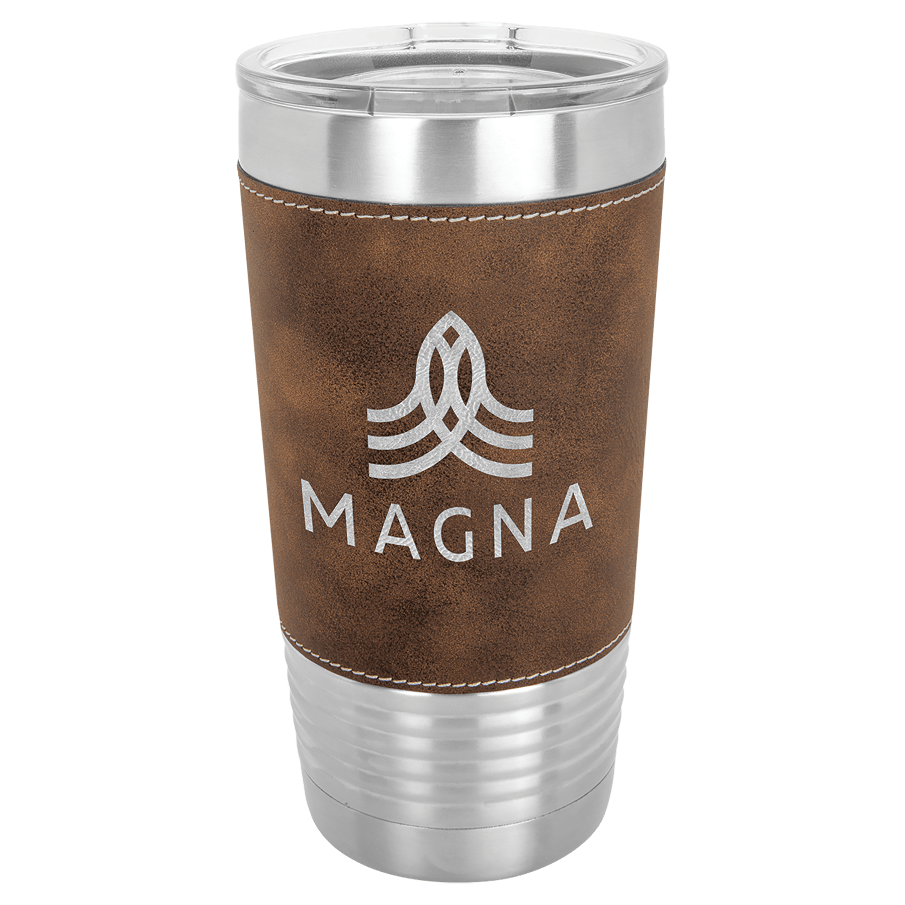 20 oz. light brown laserable leatherette tumbler with clear lid, silver rim, and "MAGNA" logo.