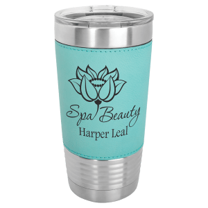 20 oz. stainless steel tumbler with a light teal laserable leatherette wrap featuring a black lotus and "Spa Beauty Harper Leal" text, topped with a clear lid.