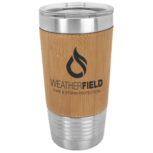 20 oz. light brown laserable leatherette tumbler with a clear lid and "Weatherfield" logo.