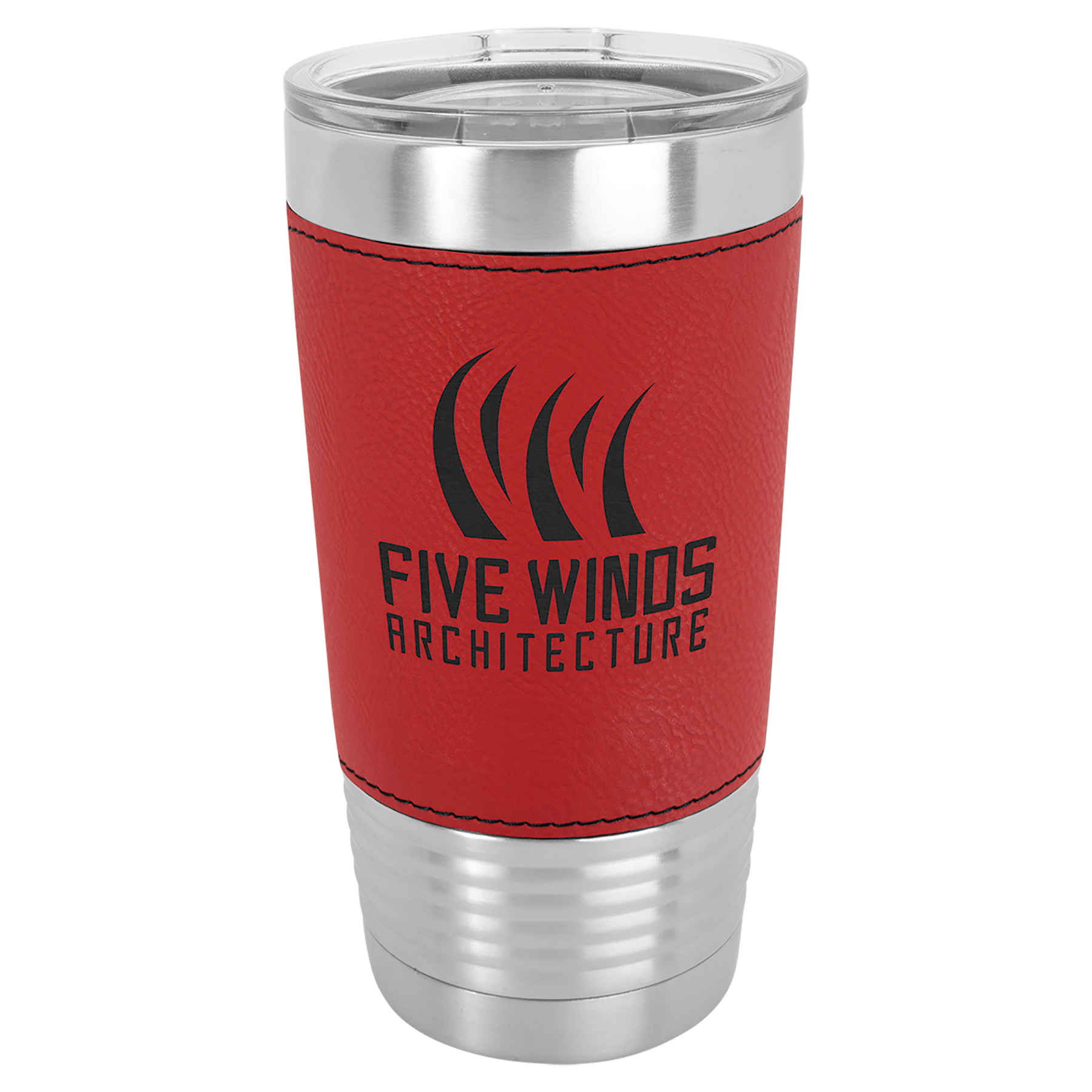 20 oz. stainless steel tumbler with a red laserable leatherette grip and clear lid, featuring a black logo.
