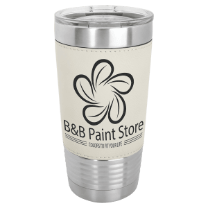 20 oz. light brown laserable leatherette tumbler with clear lid and B&B Paint Store logo.