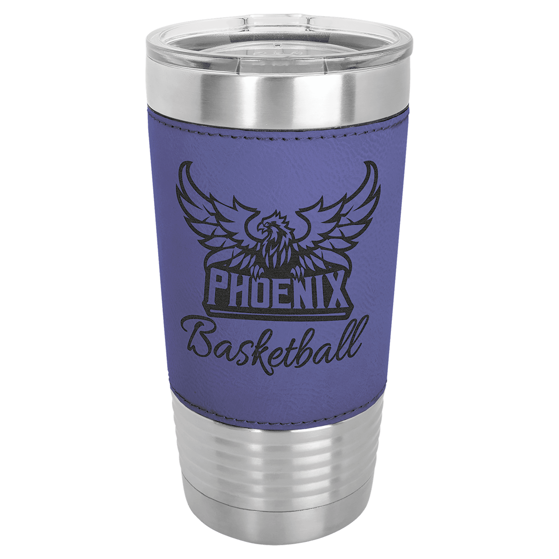20 oz. stainless steel tumbler with a purple laserable leatherette grip featuring a Phoenix Basketball logo and clear lid.