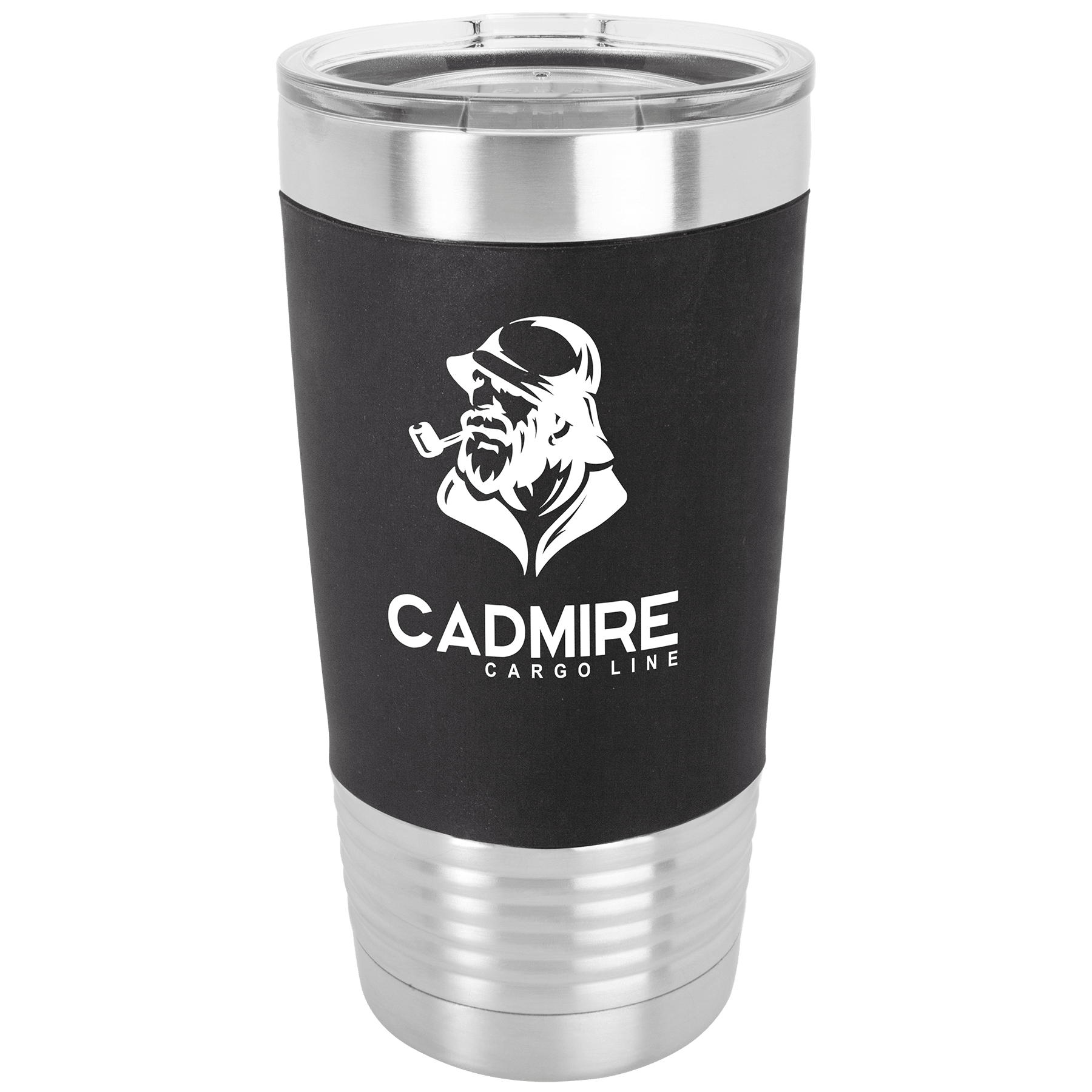 Silver 20 oz. stainless steel tumbler with black silicone grip, clear lid, and "CADMIRE CARGO LINE" logo.