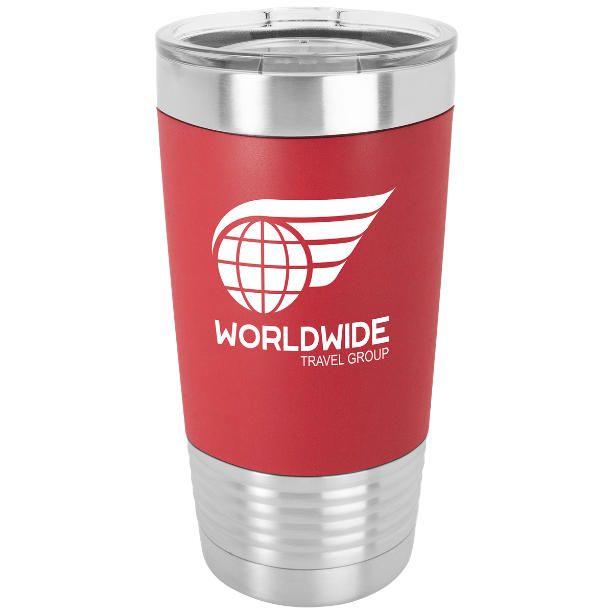 20 oz. silver stainless steel tumbler with red silicone grip, clear lid, and "Worldwide Travel Group" logo.