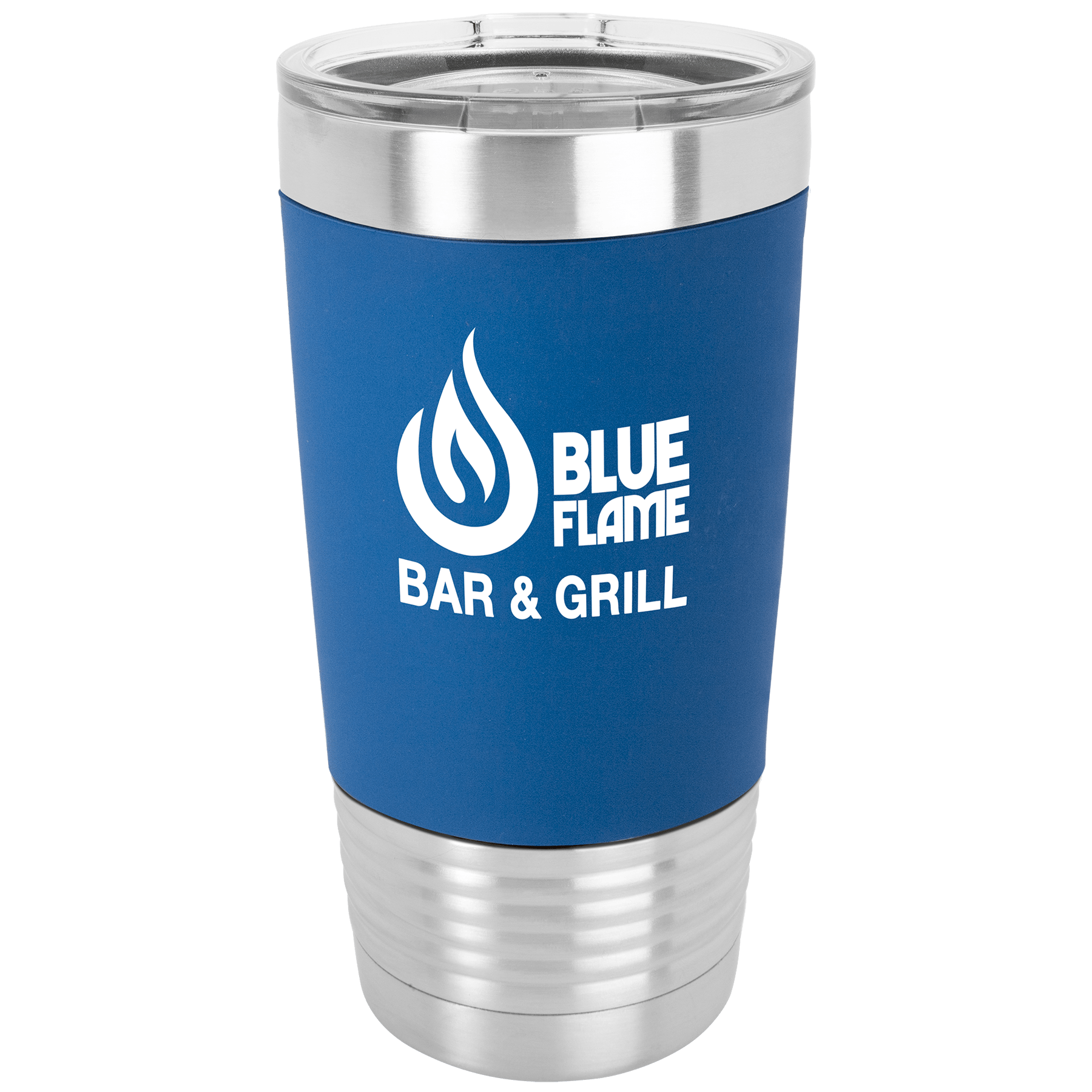 20 oz. silver stainless steel tumbler with blue silicone grip, clear lid, and "Blue Flame Bar & Grill" logo.