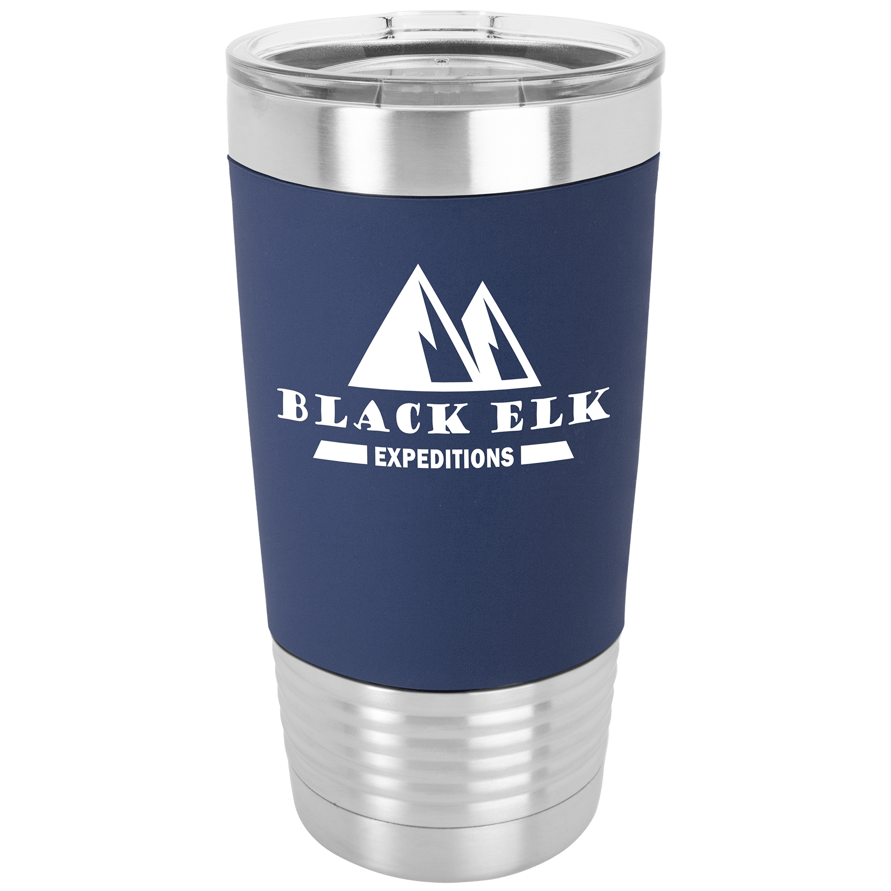20 oz. silver stainless steel tumbler with navy silicone grip, clear lid, and "BLACK ELK EXPEDITIONS" logo.