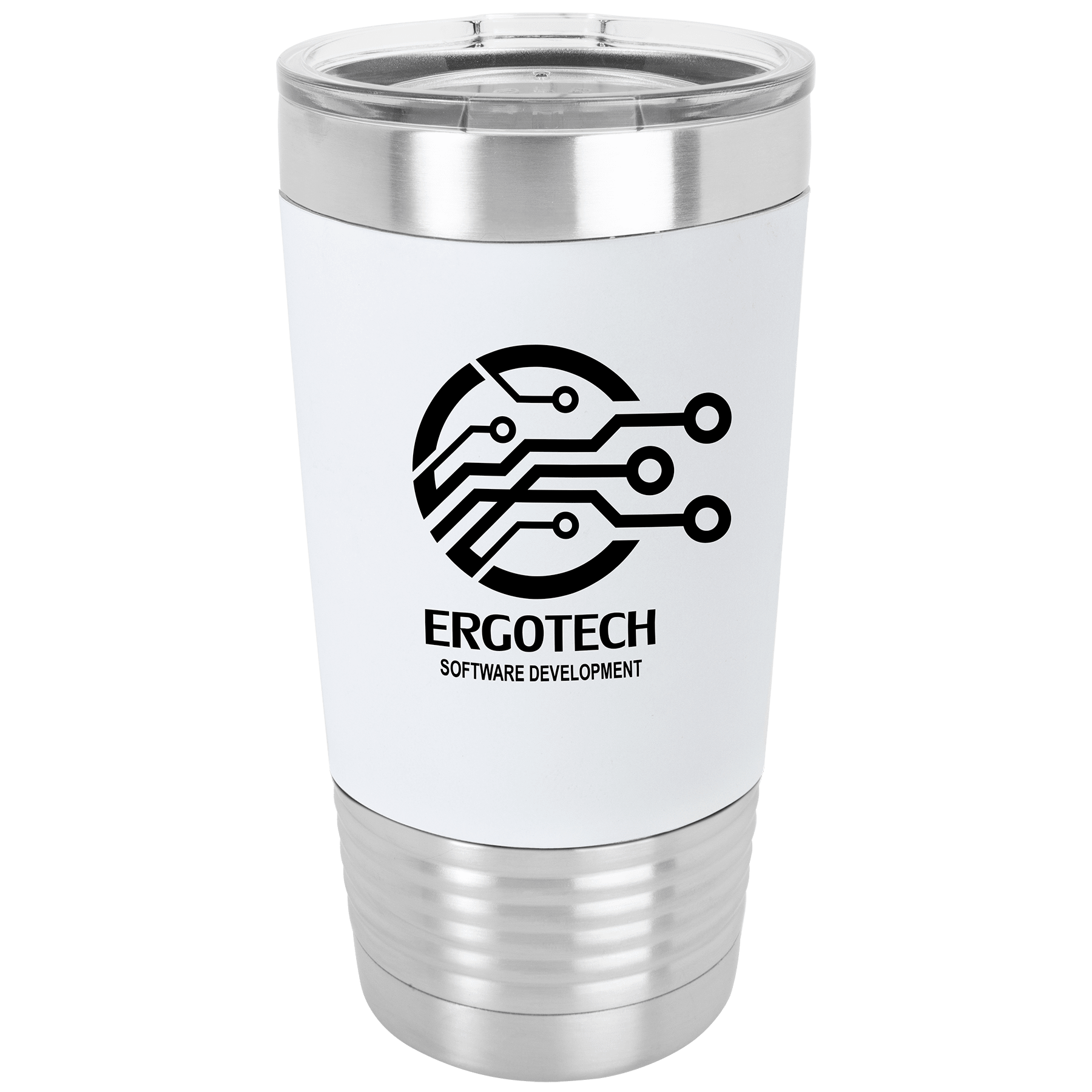 20 oz. silver stainless steel tumbler with white silicone grip, clear lid, and "ERGOTECH" logo.