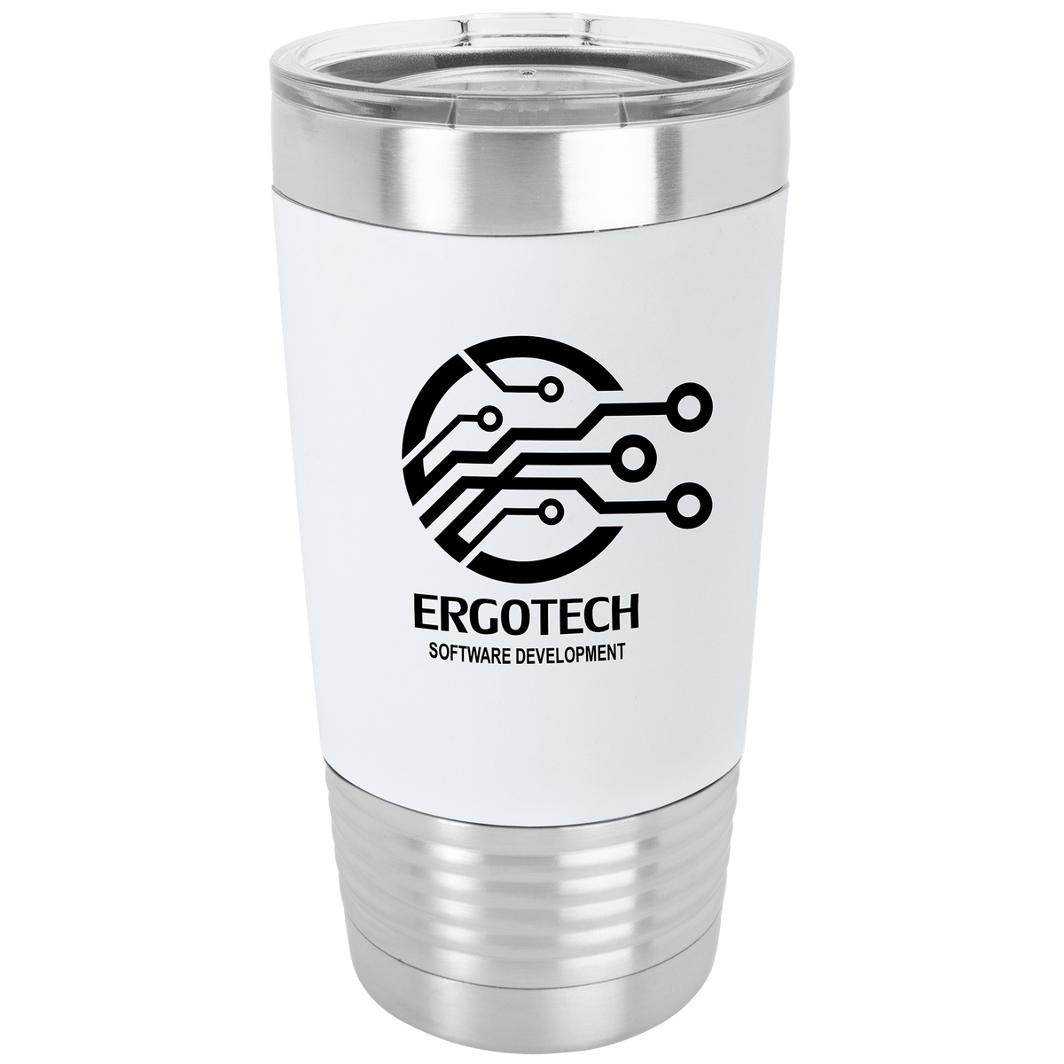 20 oz. silver stainless steel tumbler with white silicone grip, clear lid, and "ERGOTECH" logo.