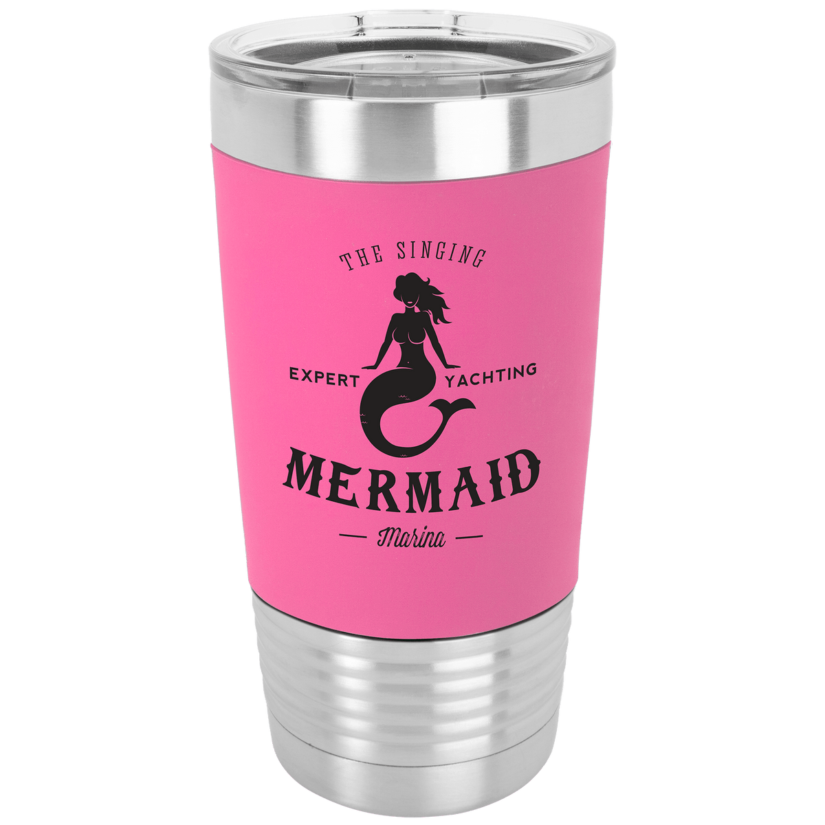 20 oz. silver stainless steel tumbler with a pink silicone grip featuring a black mermaid logo and clear lid.