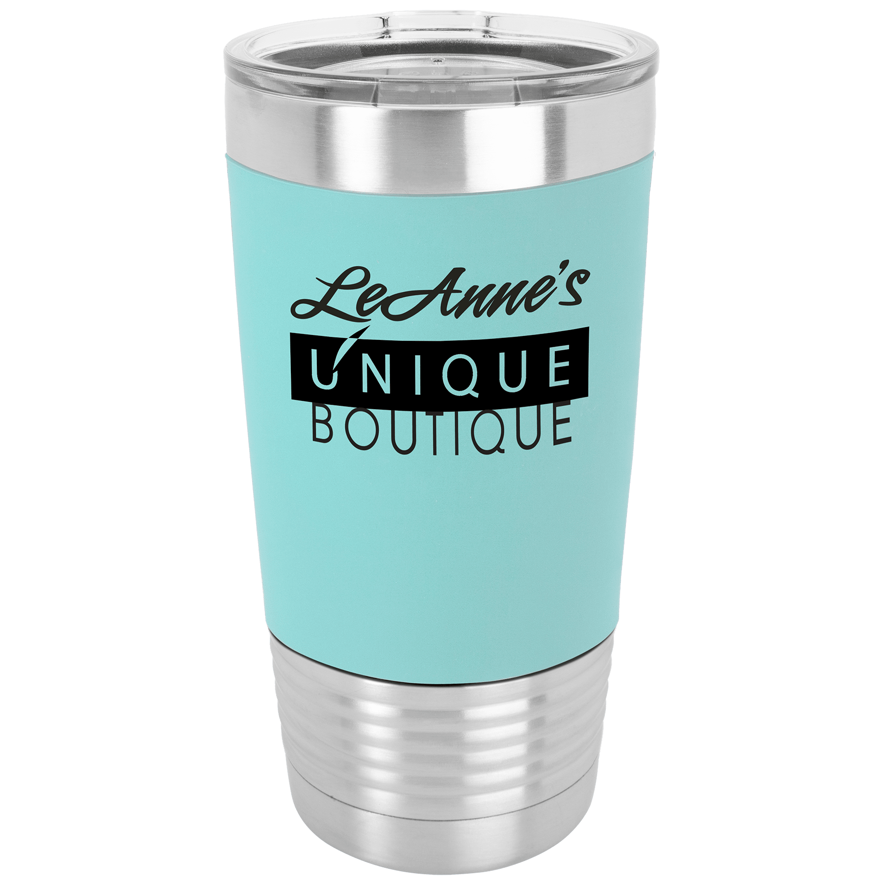 20 oz. silver stainless steel tumbler with a light blue silicone grip and clear lid, customized with "Le Anne's Unique Boutique" logo.