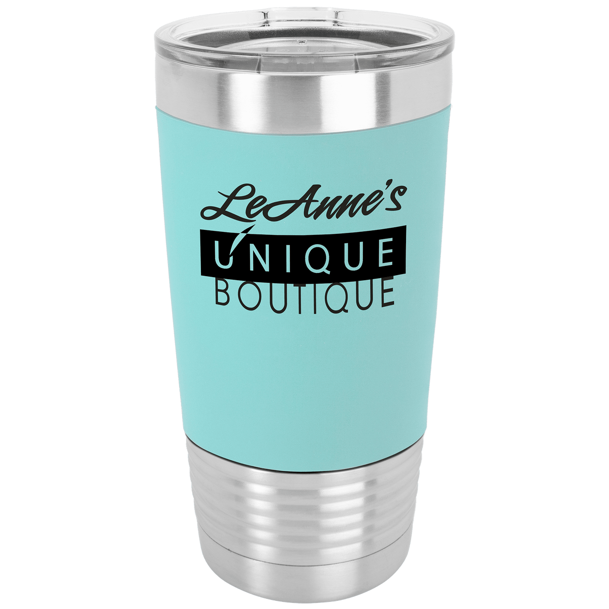 20 oz. silver stainless steel tumbler with a light blue silicone grip and clear lid, customized with "Le Anne's Unique Boutique" logo.
