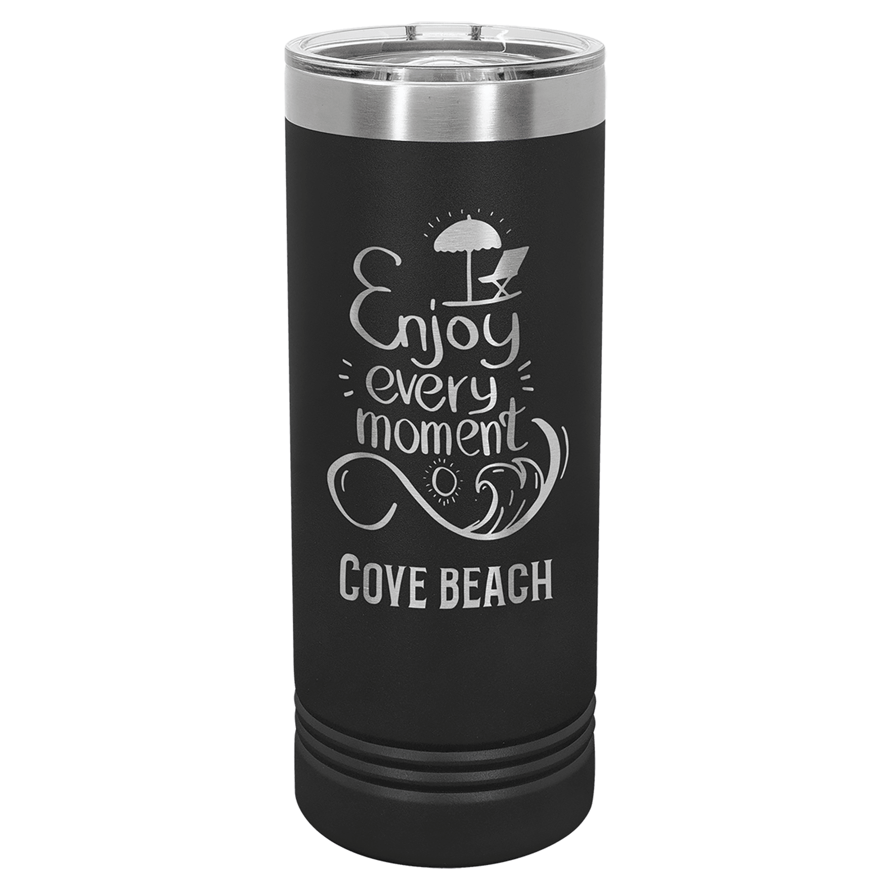 Black 22 oz. stainless steel skinny tumbler with "Enjoy every moment Cove Beach" design and slider lid.