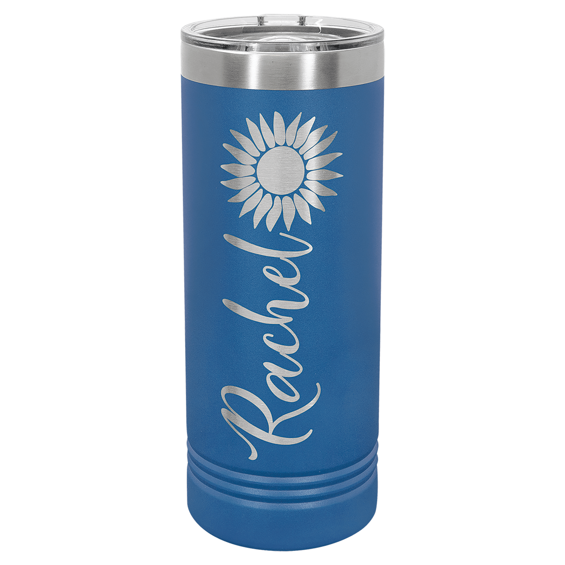 Blue 22 oz. stainless steel skinny tumbler with a silver sunflower and "Rachel" engraved, featuring a slider lid.