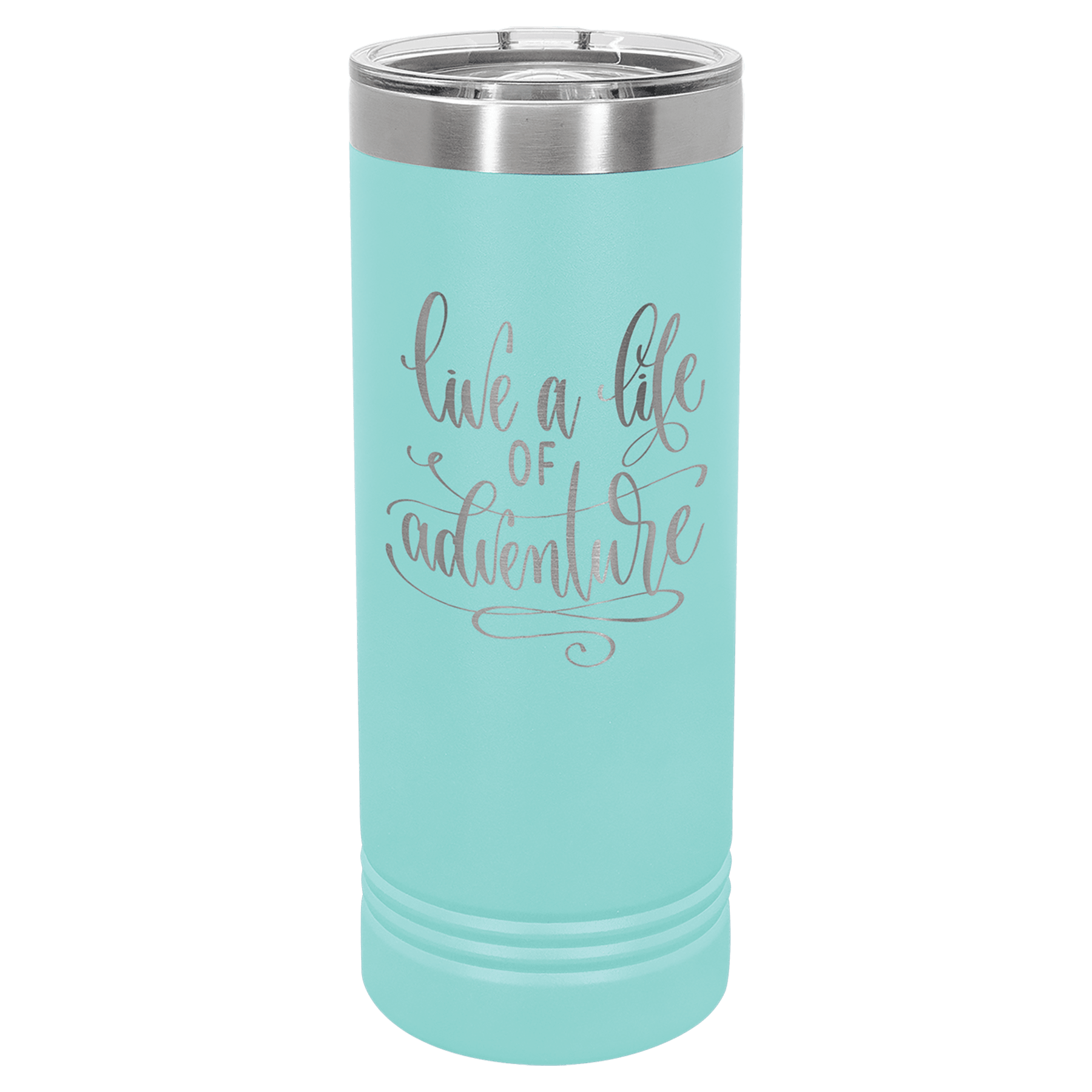 22 oz. aqua stainless steel skinny tumbler with "Live a life of adventure" engraving and slider lid.