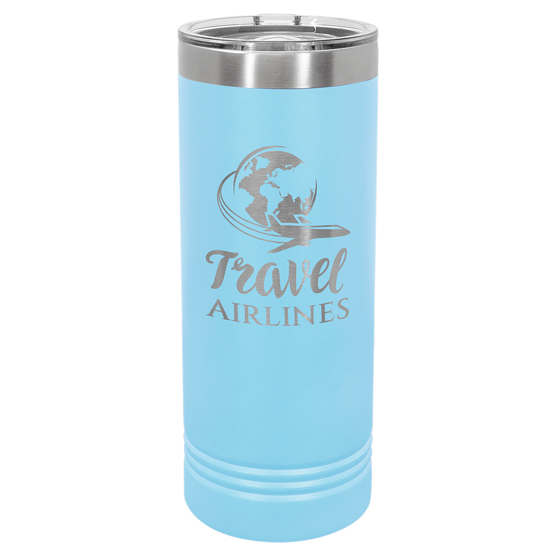 Light blue 22 oz. stainless steel skinny tumbler with a silver slider lid and "Travel Airlines" logo.