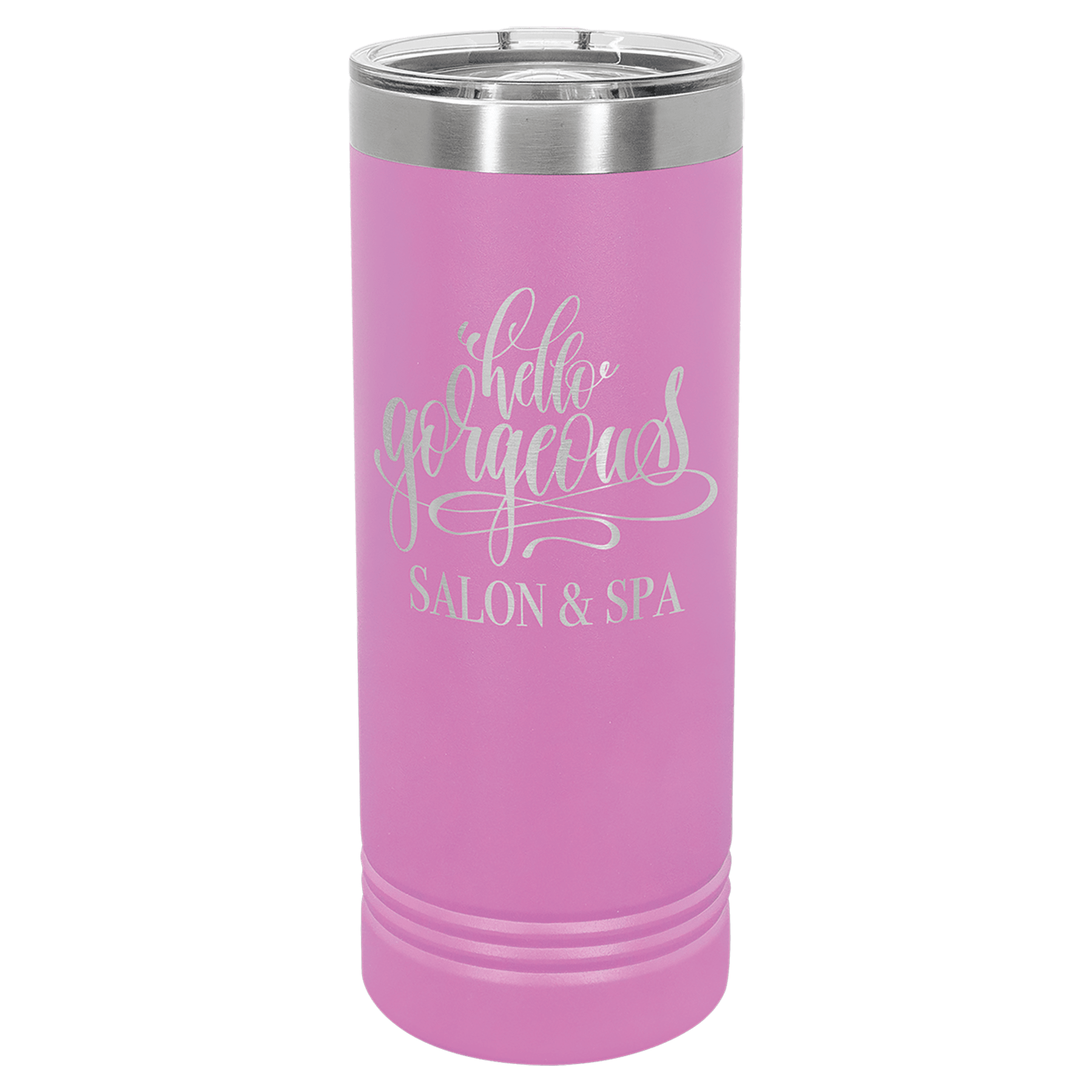 Pink 22 oz. stainless steel skinny tumbler with slider lid and "hello gorgeous SALON & SPA" engraving.