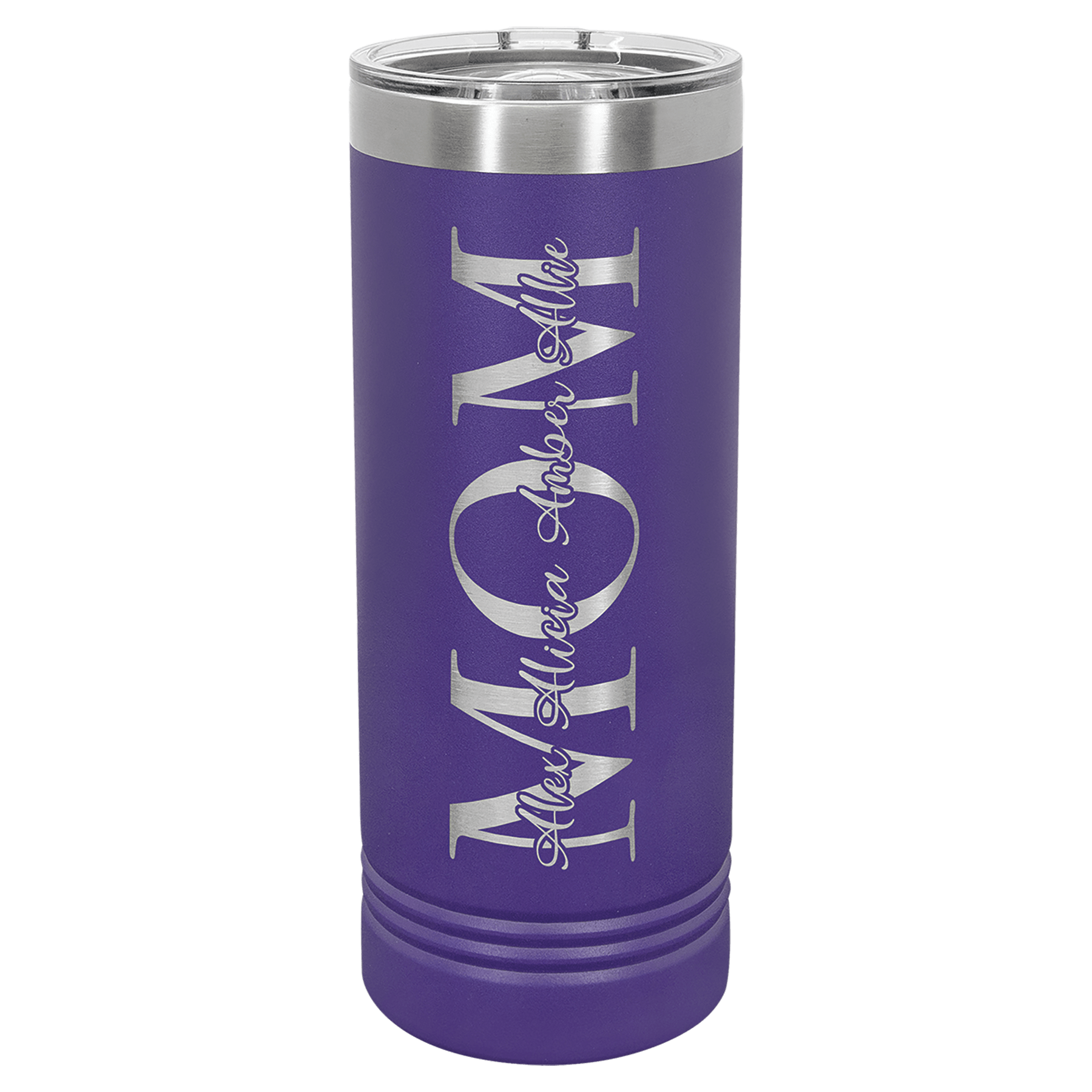 Purple 22 oz. stainless steel skinny tumbler with "MOM" and names engraved, featuring a slider lid.