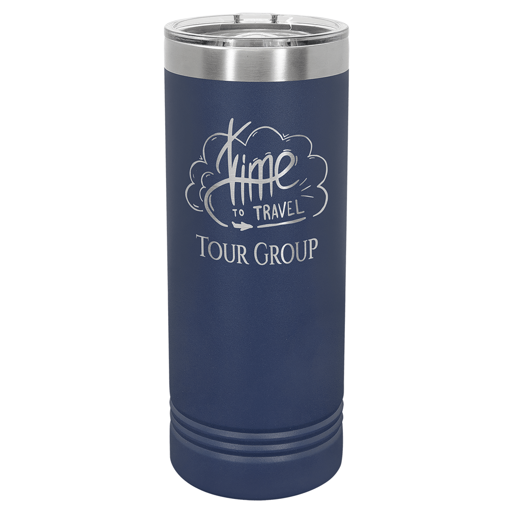 Navy blue 22 oz. stainless steel skinny tumbler with slider lid and "Time to Travel Tour Group" engraving.