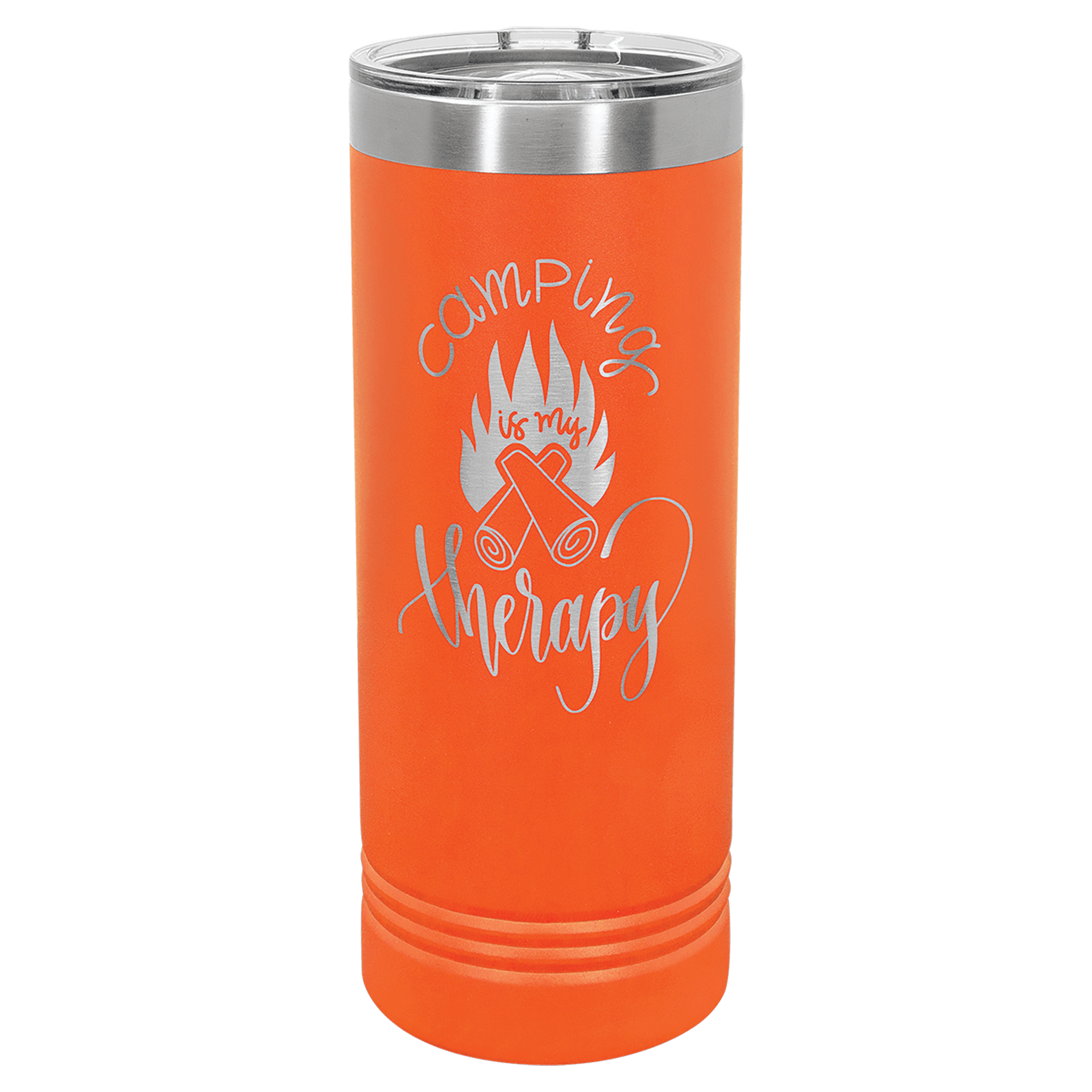 Orange 22 oz. stainless steel skinny tumbler with "Camping is my therapy" design and slider lid.