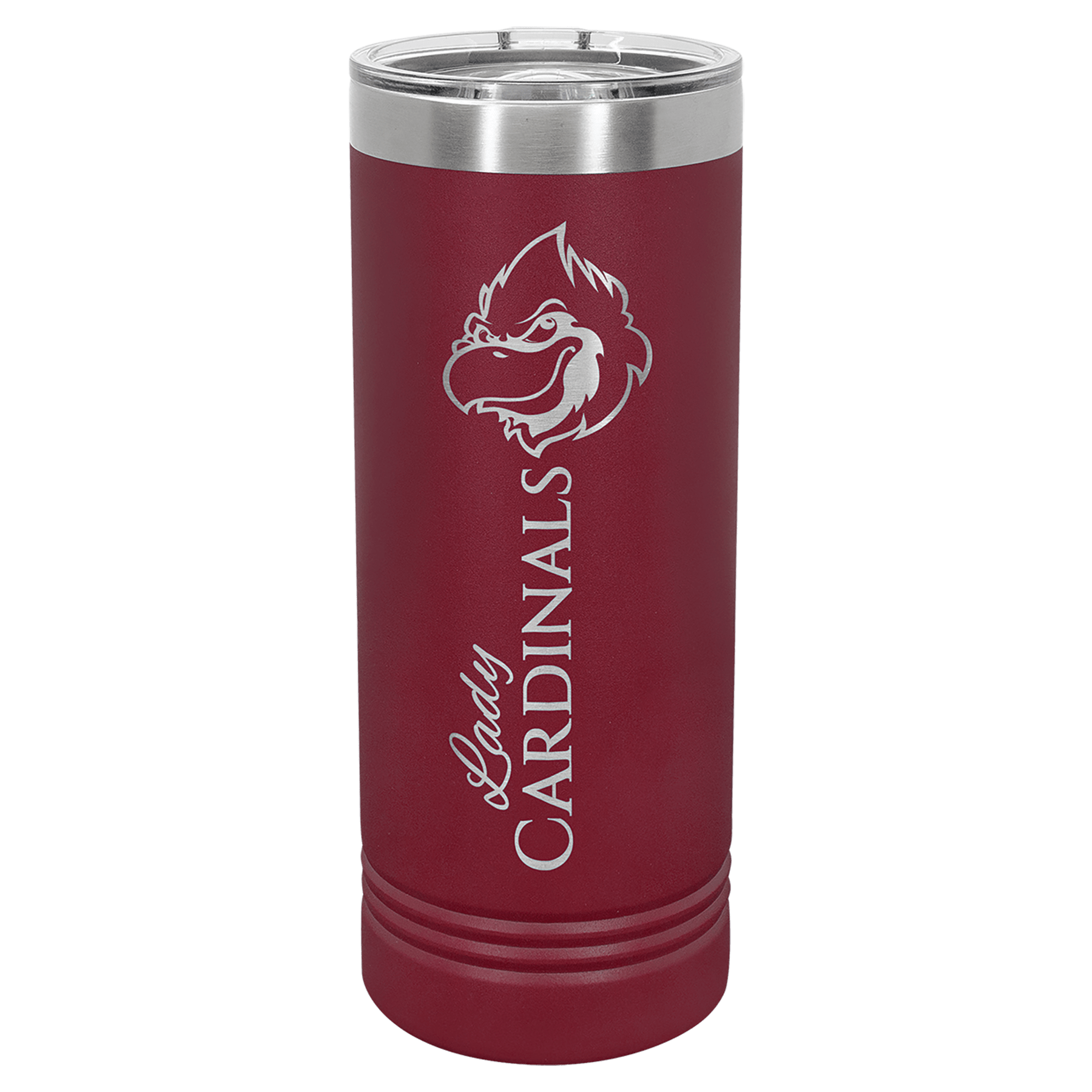 22 oz. maroon stainless steel skinny tumbler with "Lady Cardinals" logo and slider lid.