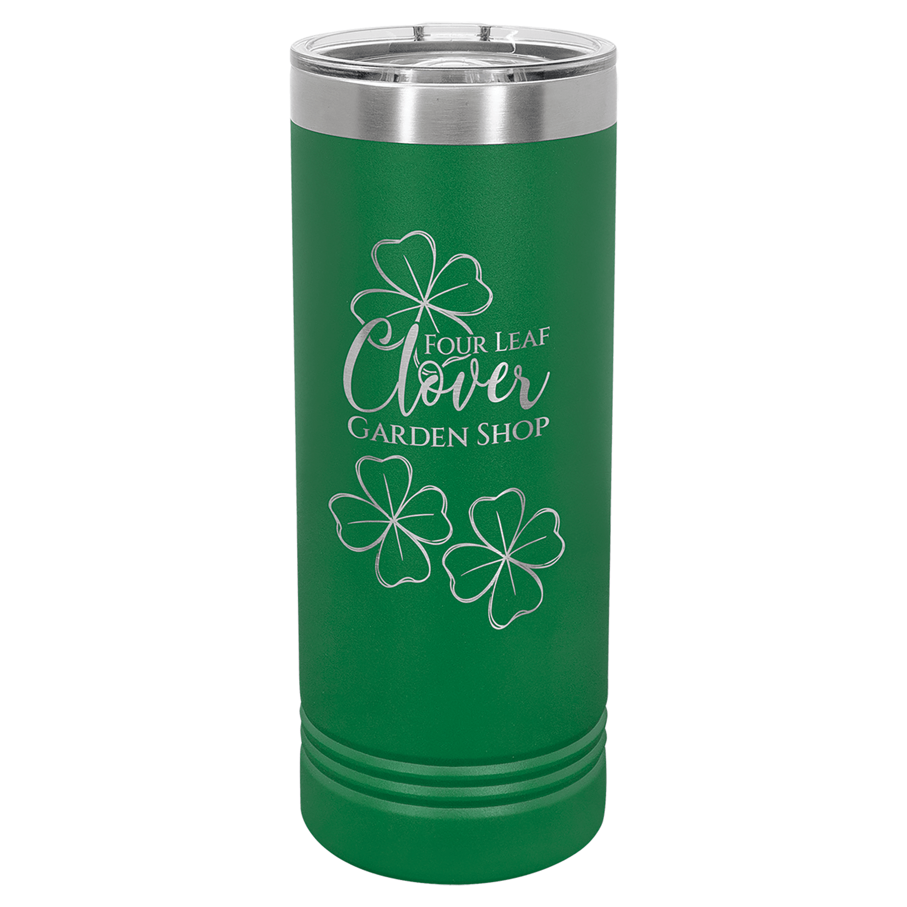 Green 22 oz. stainless steel skinny tumbler with a slider lid and "Four Leaf Clover Garden Shop" engraving.