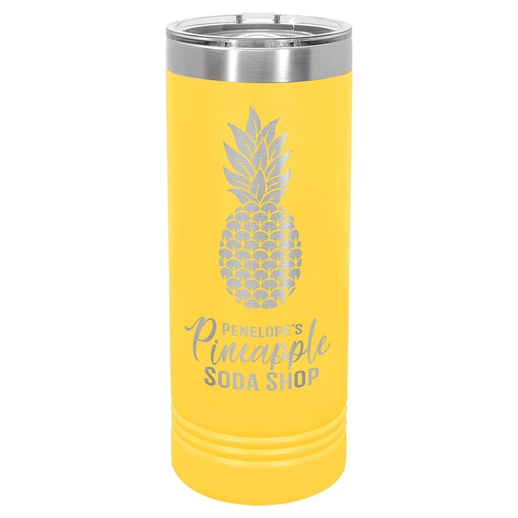 Yellow 22 oz. stainless steel skinny tumbler with a slider lid and engraved pineapple logo.