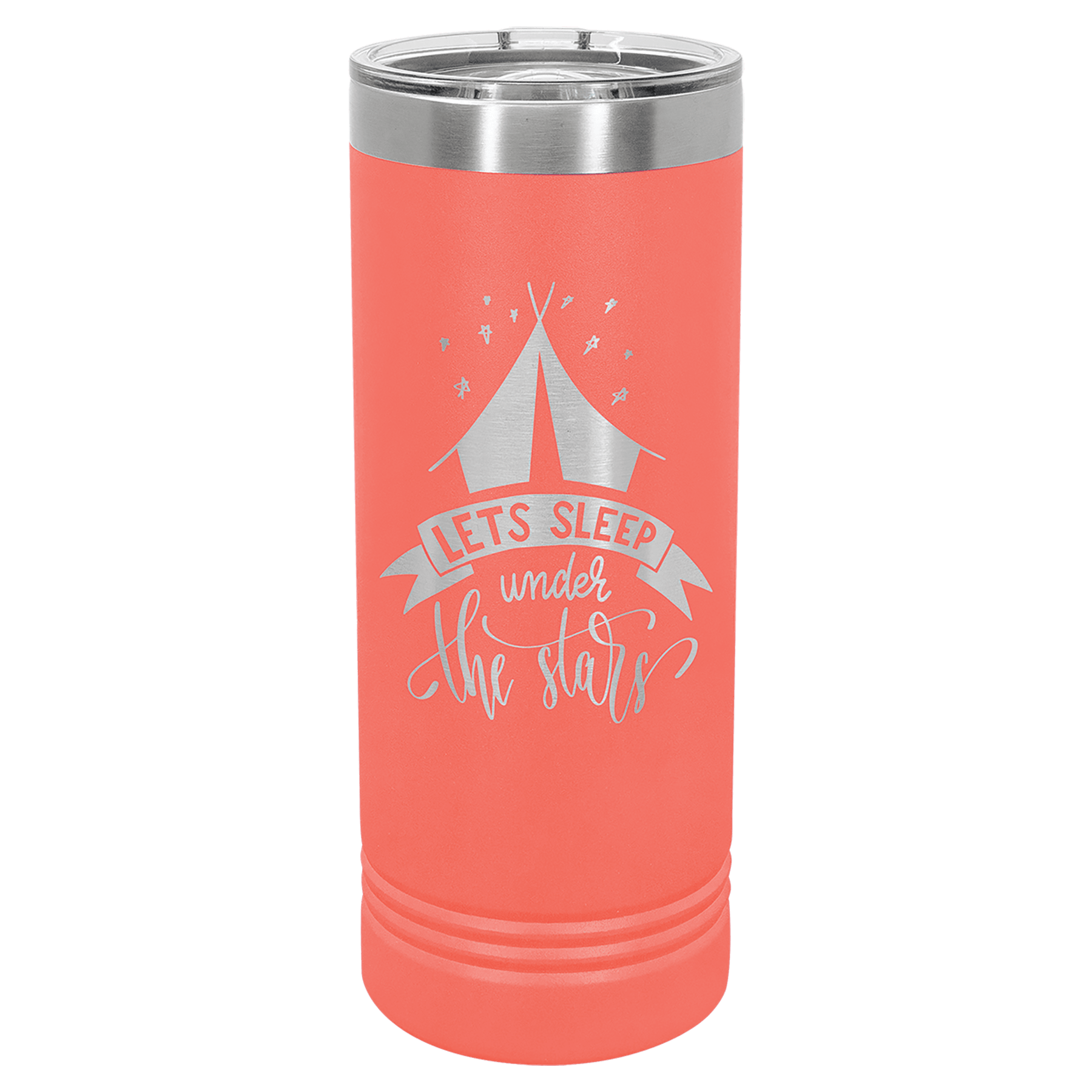 Coral 22 oz. stainless steel skinny tumbler with "Let's Sleep Under The Stars" design and slider lid.
