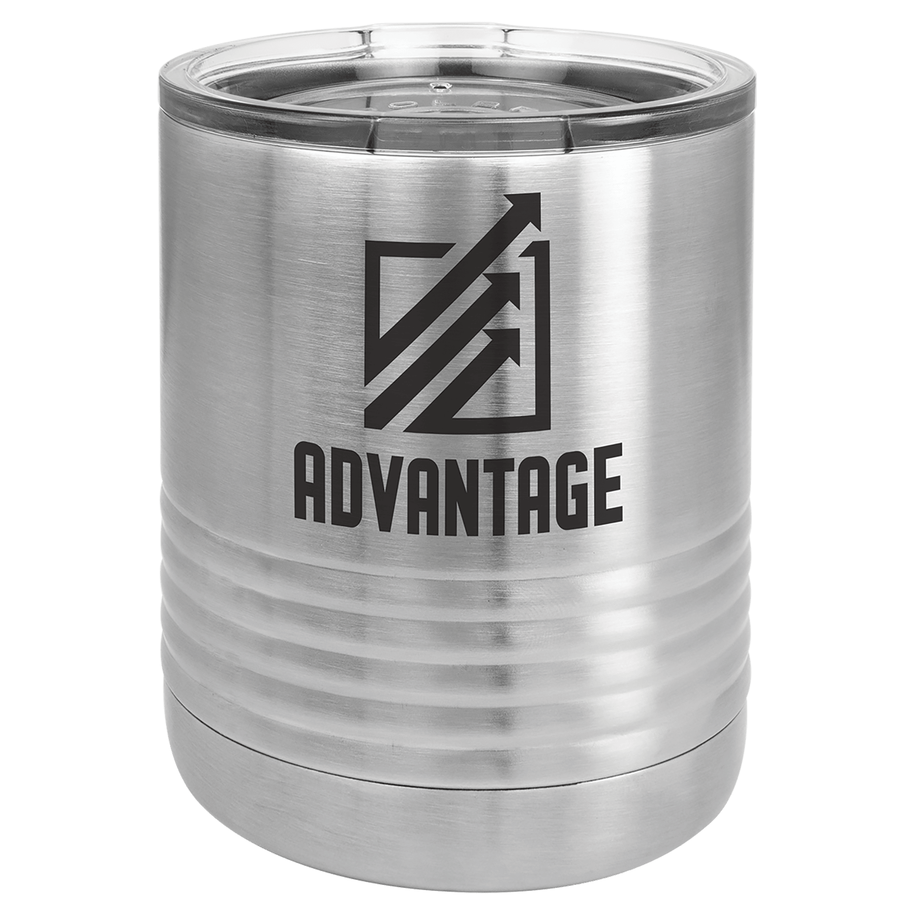 10 oz. stainless steel vacuum insulated ringneck tumbler with clear lid and "ADVANTAGE" logo.