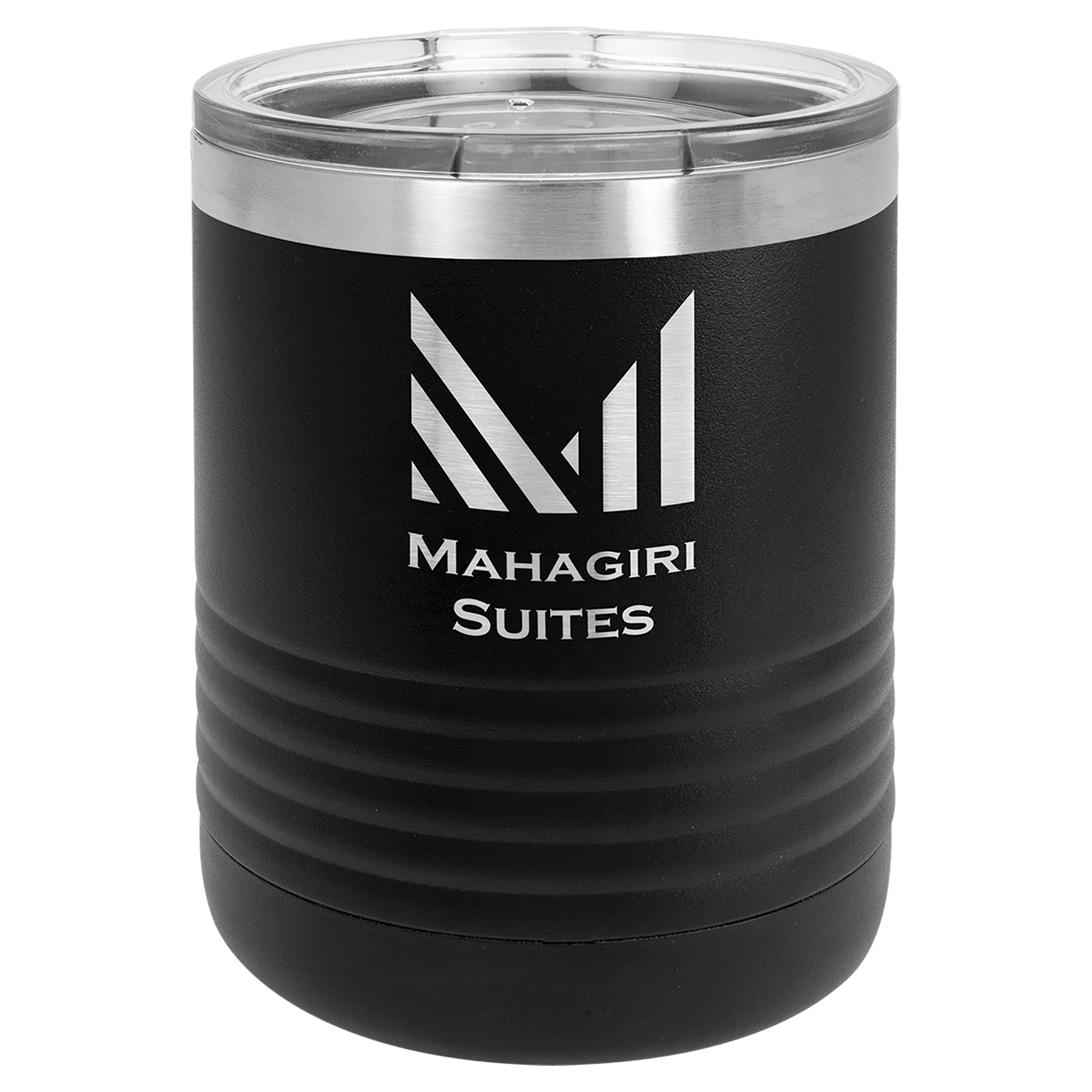 Black 10 oz. stainless steel vacuum insulated ringneck tumbler with clear lid and "Mahagiri Suites" logo.