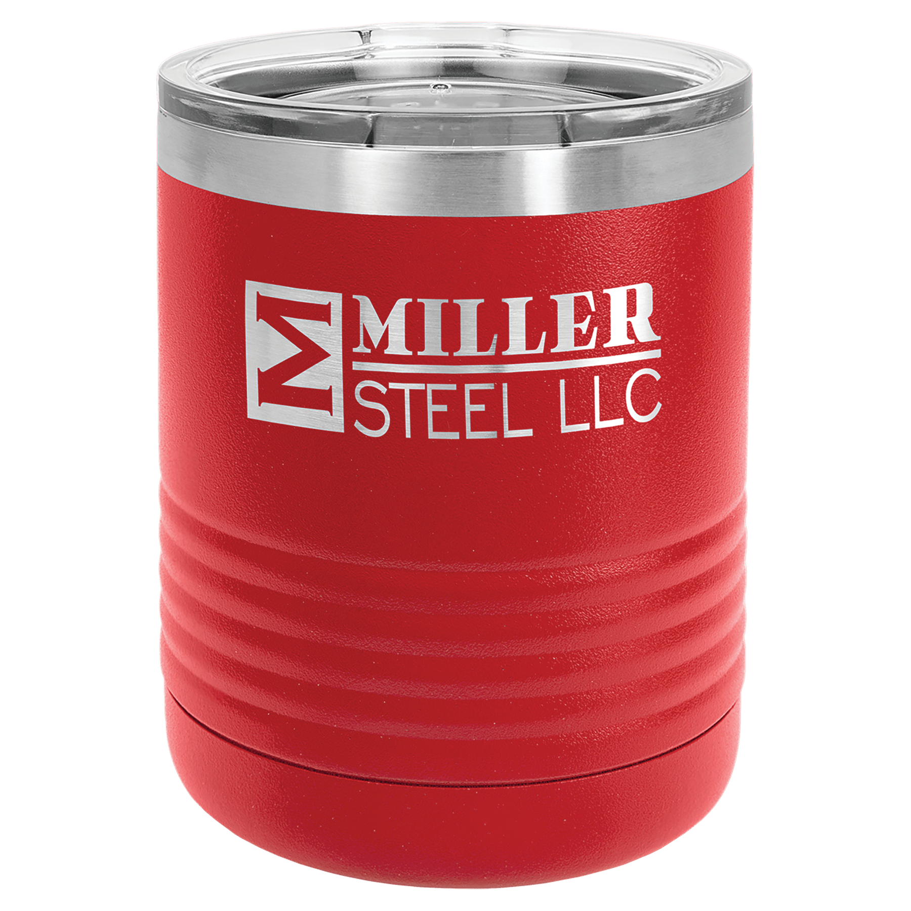 Red 10 oz. stainless steel vacuum insulated ringneck tumbler with clear lid and "Miller Steel LLC" logo.
