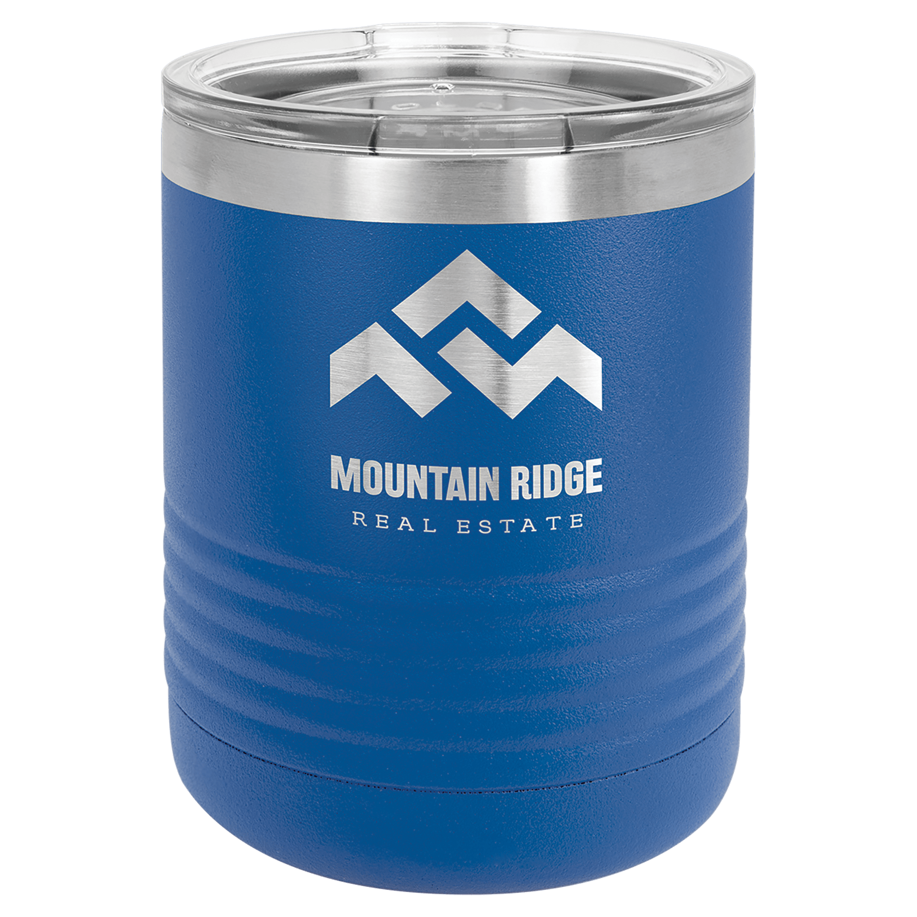 Blue 10 oz. stainless steel vacuum insulated ringneck tumbler with clear lid and Mountain Ridge Real Estate logo.